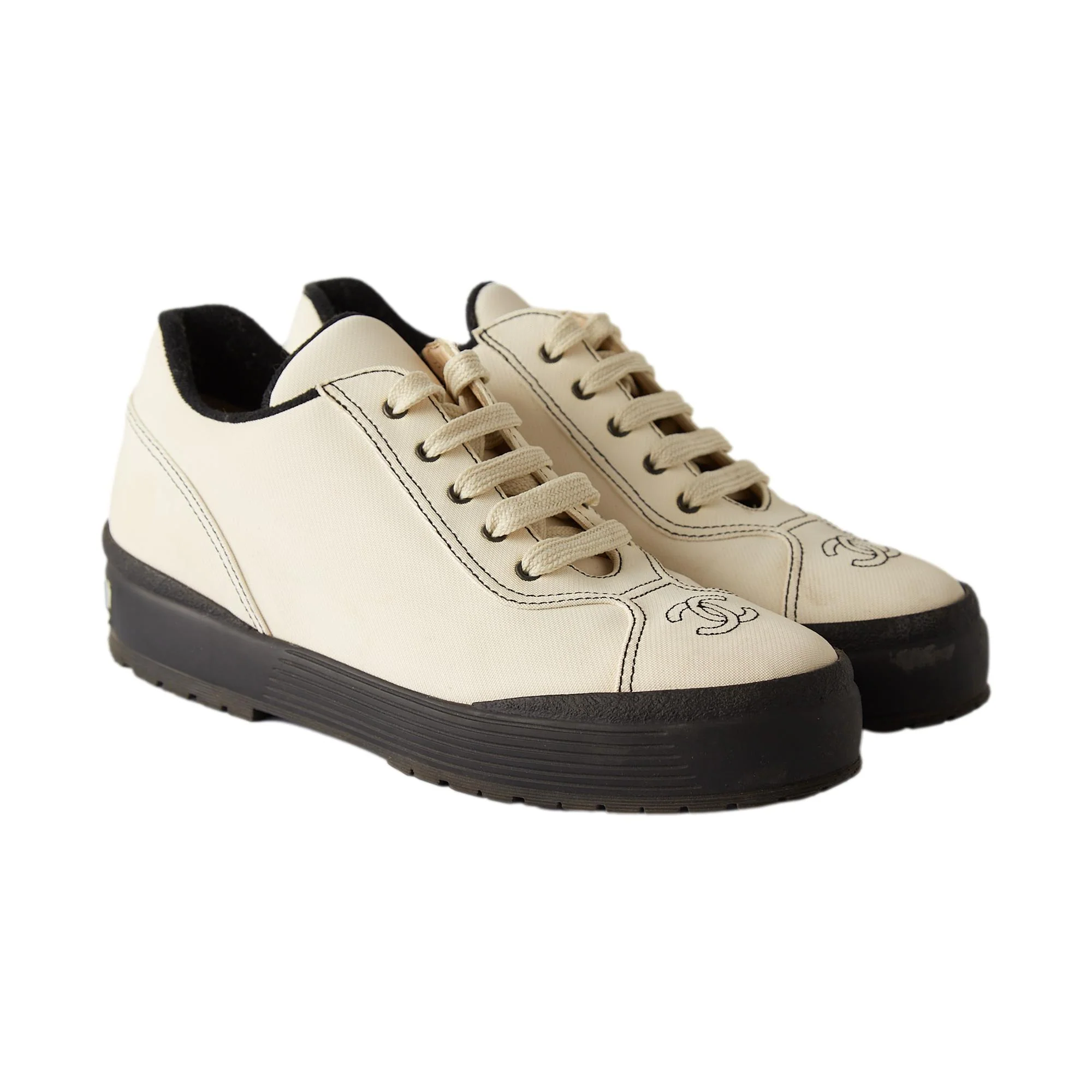 Chanel Ivory + Black Logo Sneakers - Image 3
