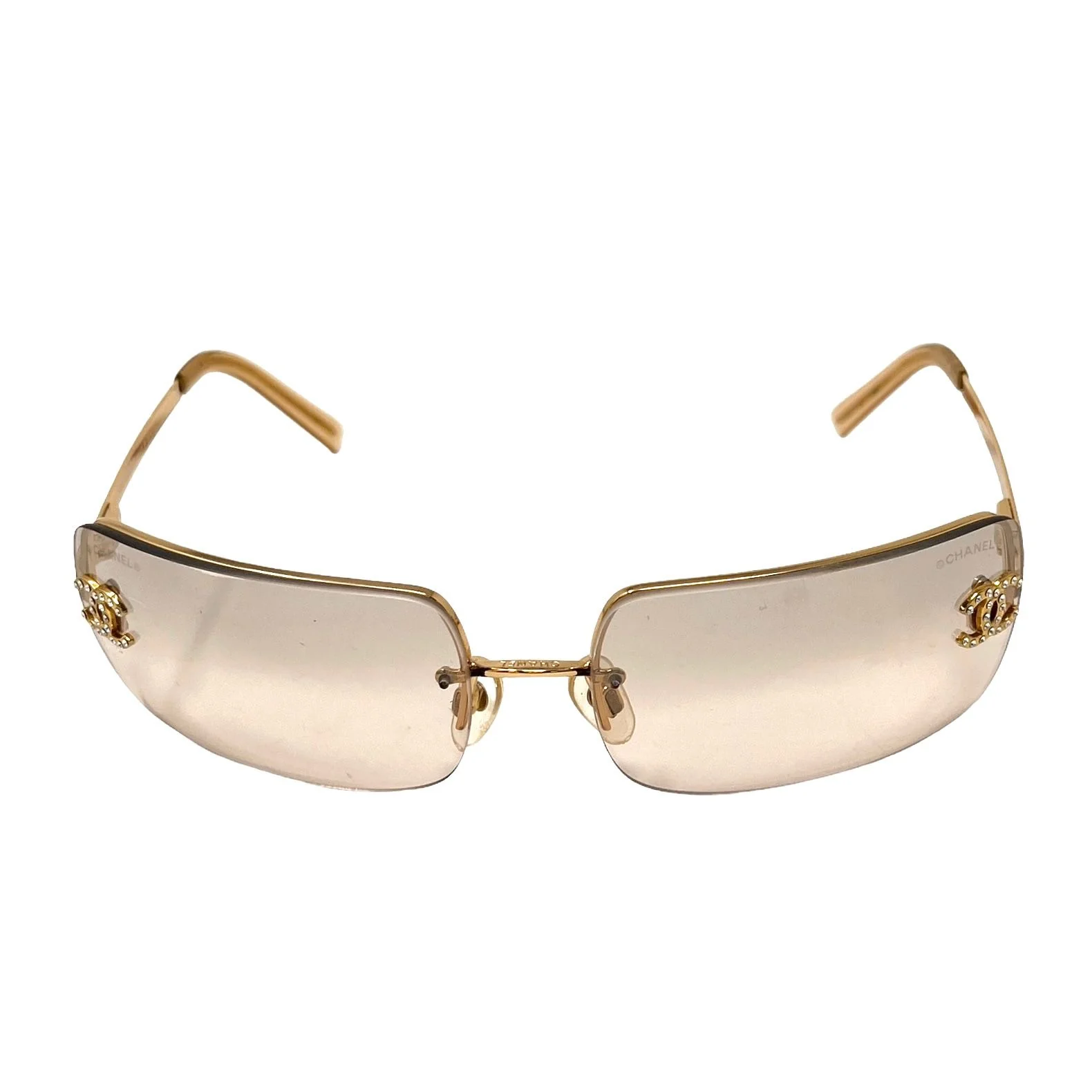 Chanel Light Brown Gold Rim Rhinestone Sunglasses - Image 2