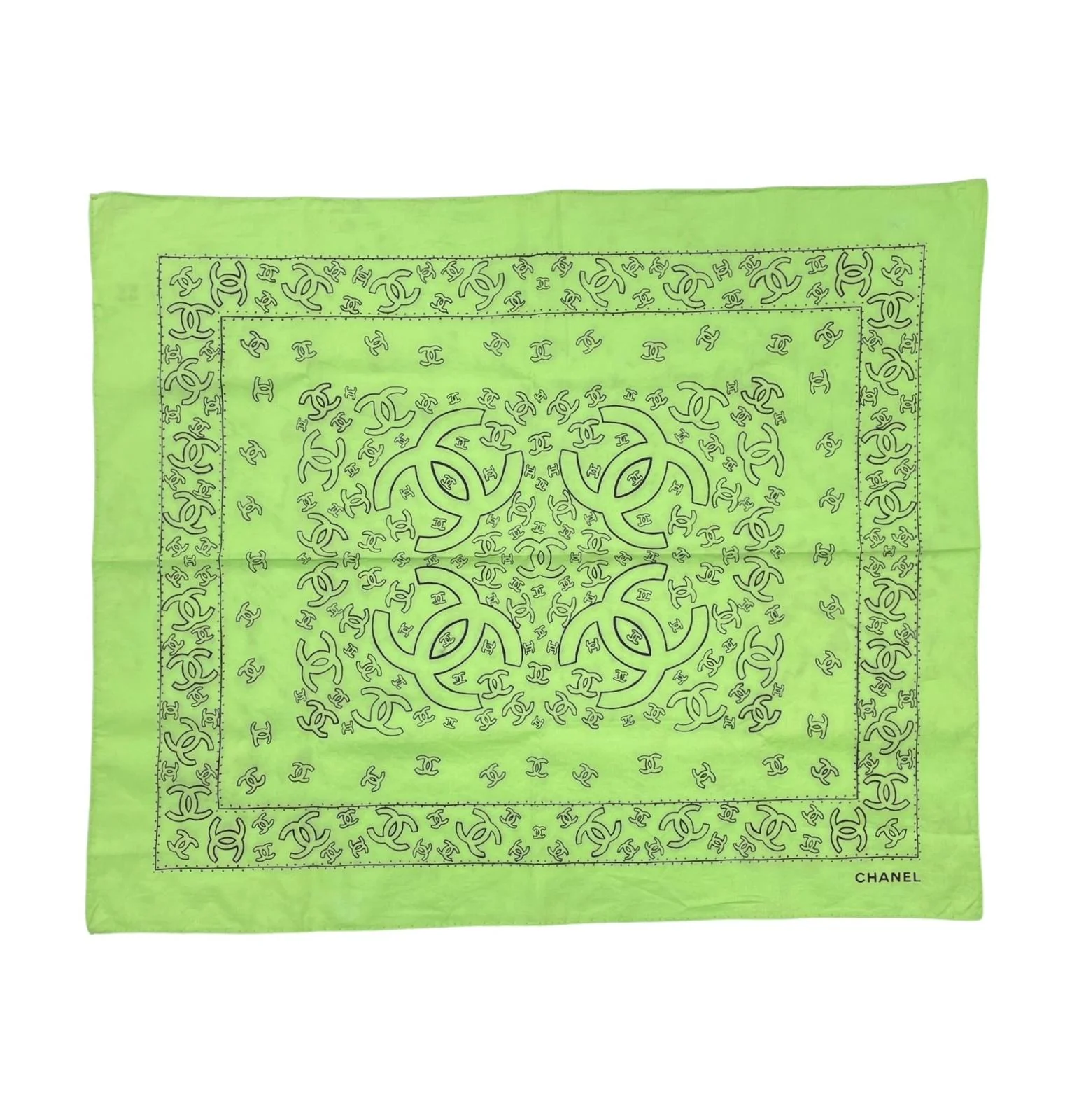 Chanel Lime Green Bandana Print Black Scarf