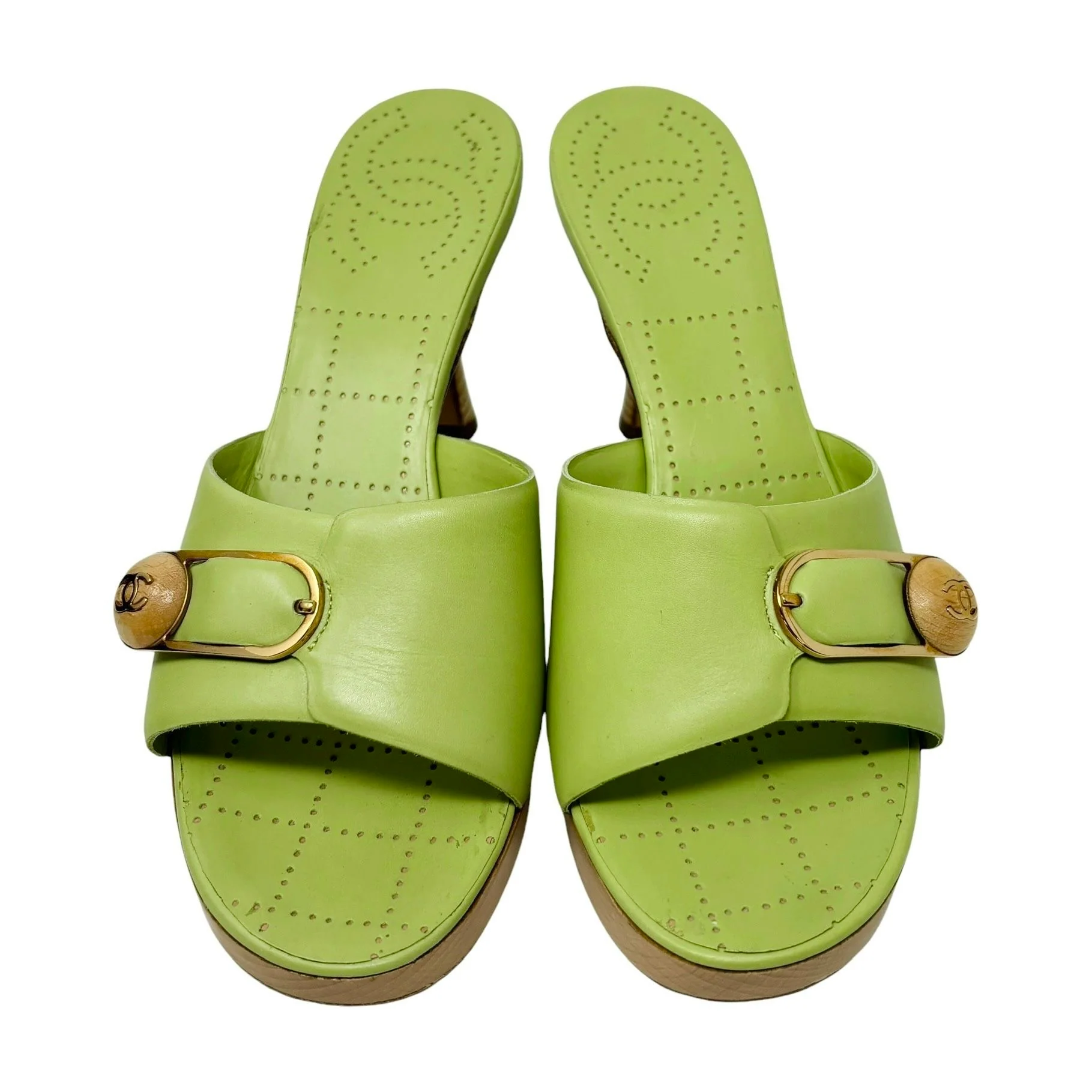 Chanel Lime Green Leather Platform Heels - Image 2