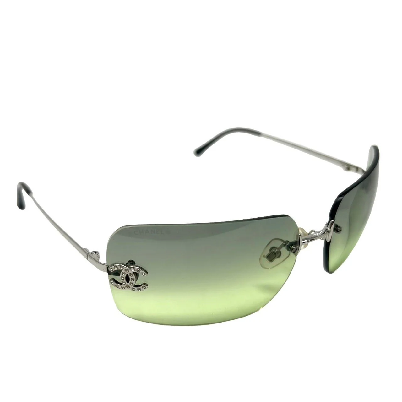 Chanel Lime Green Rhinestone Rimless Logo Sunglasses