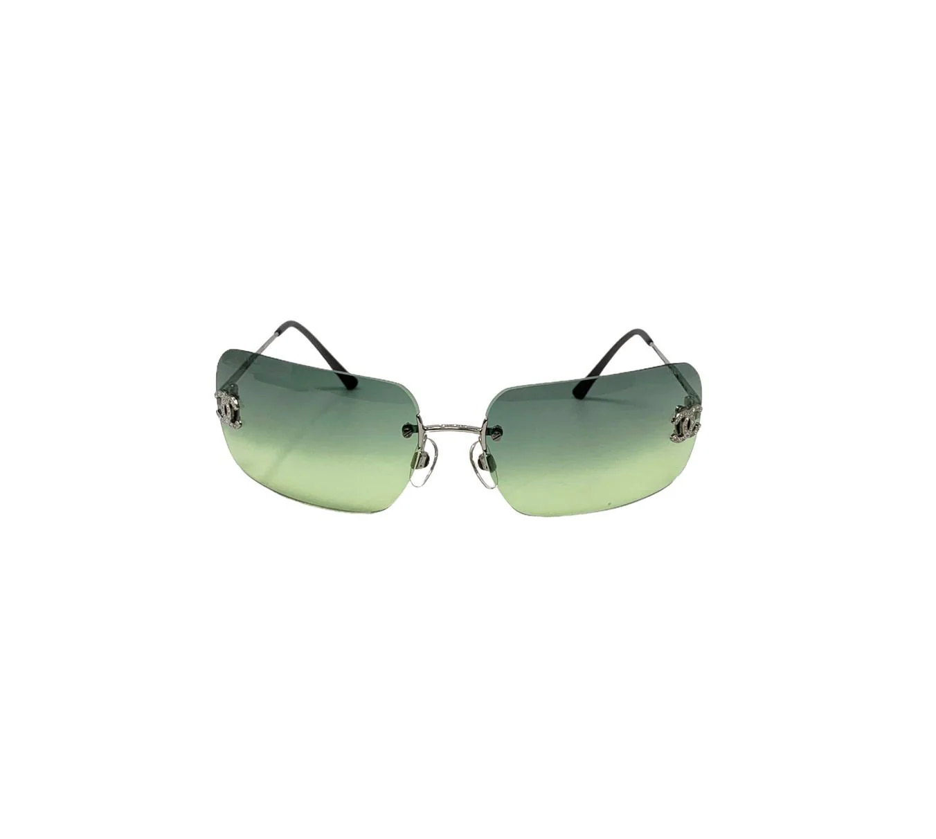 Chanel Lime Green Rhinestone Rimless Logo Sunglasses