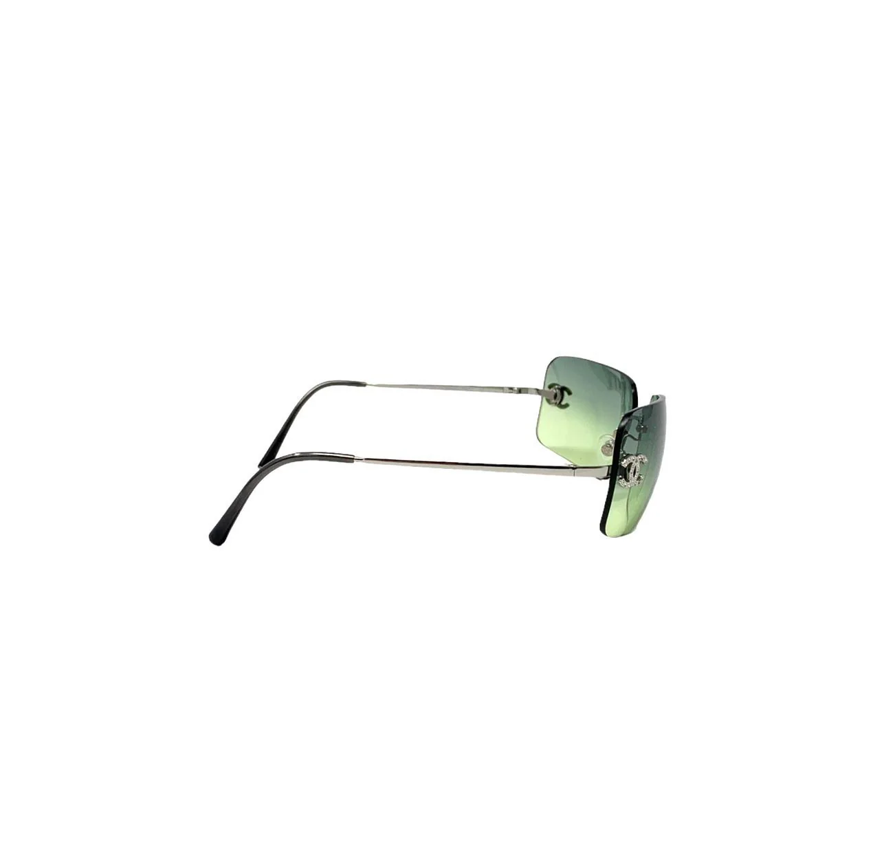 Chanel Lime Green Rhinestone Rimless Logo Sunglasses - Image 3