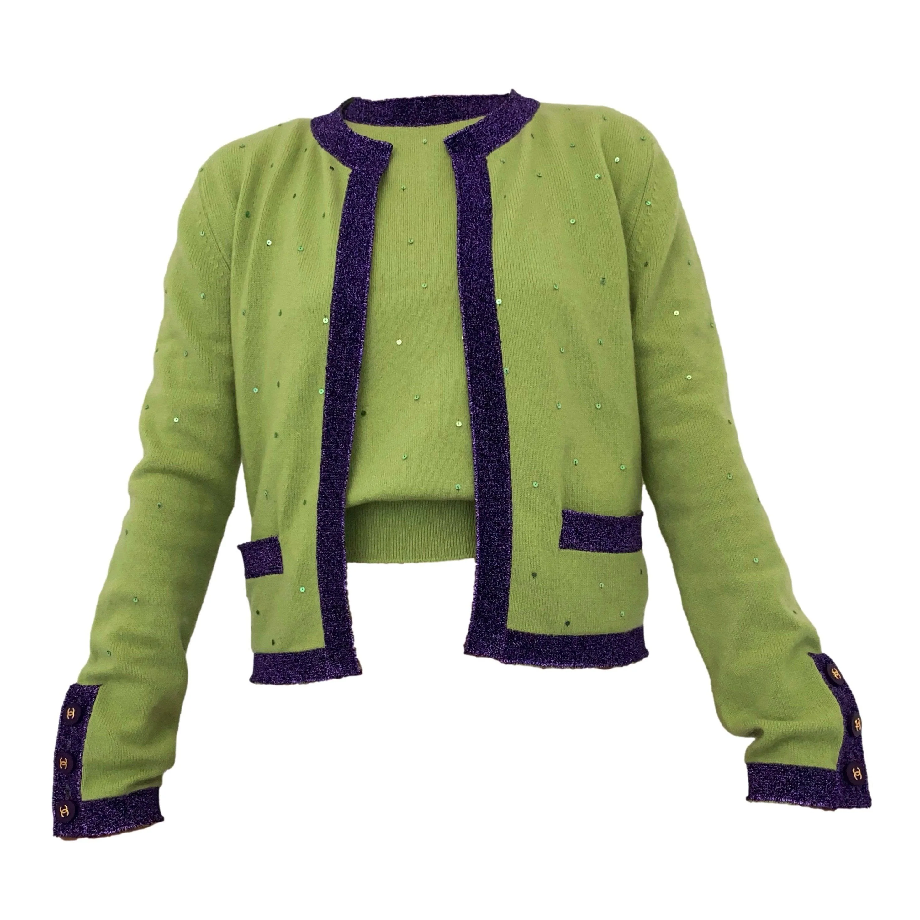 Chanel Lime Green Sequin Cardigan Set
