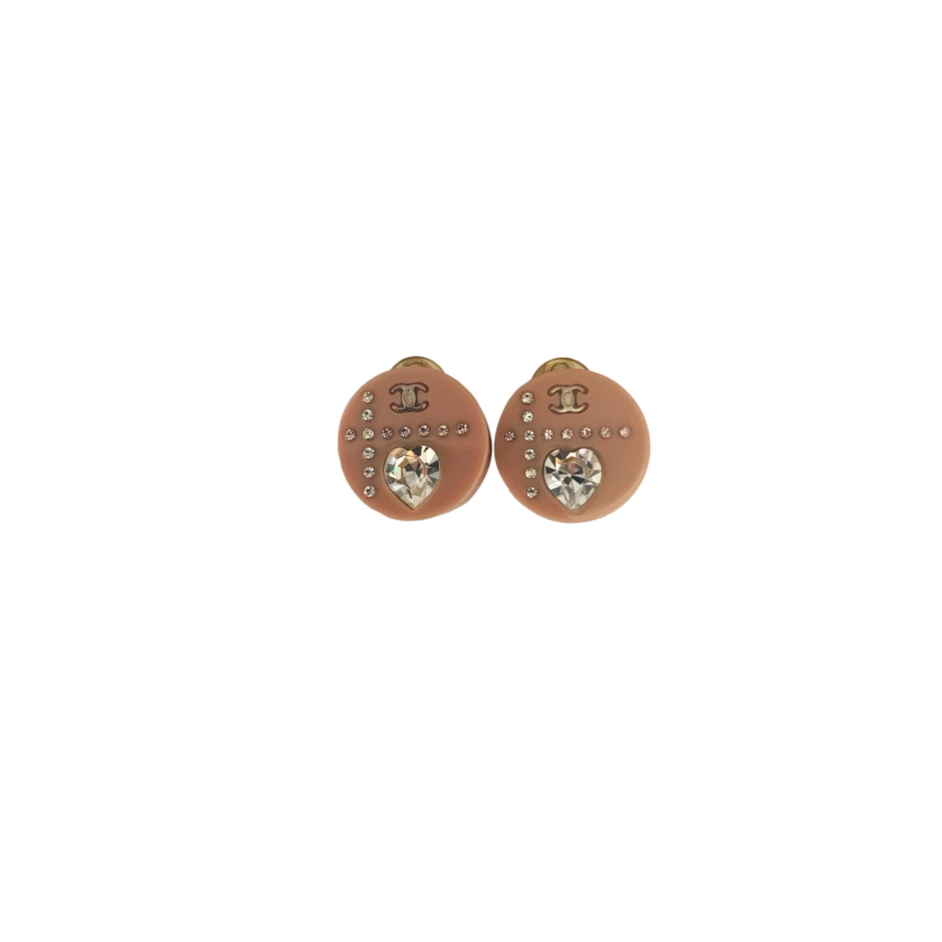 Chanel Mauve Rhinestone Heart Logo Clip On Earrings
