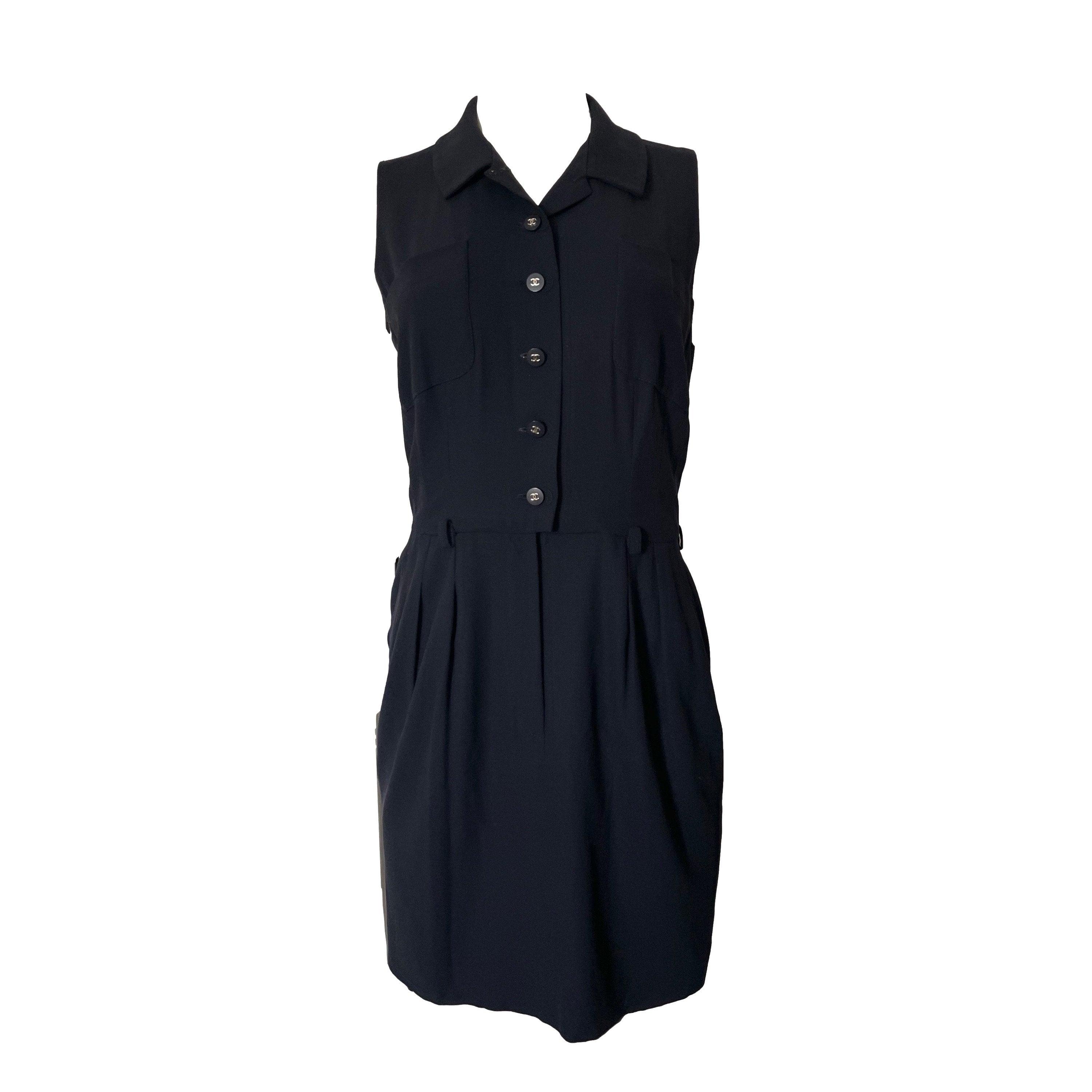 Chanel Navy Logo Button Sleeveless Dress