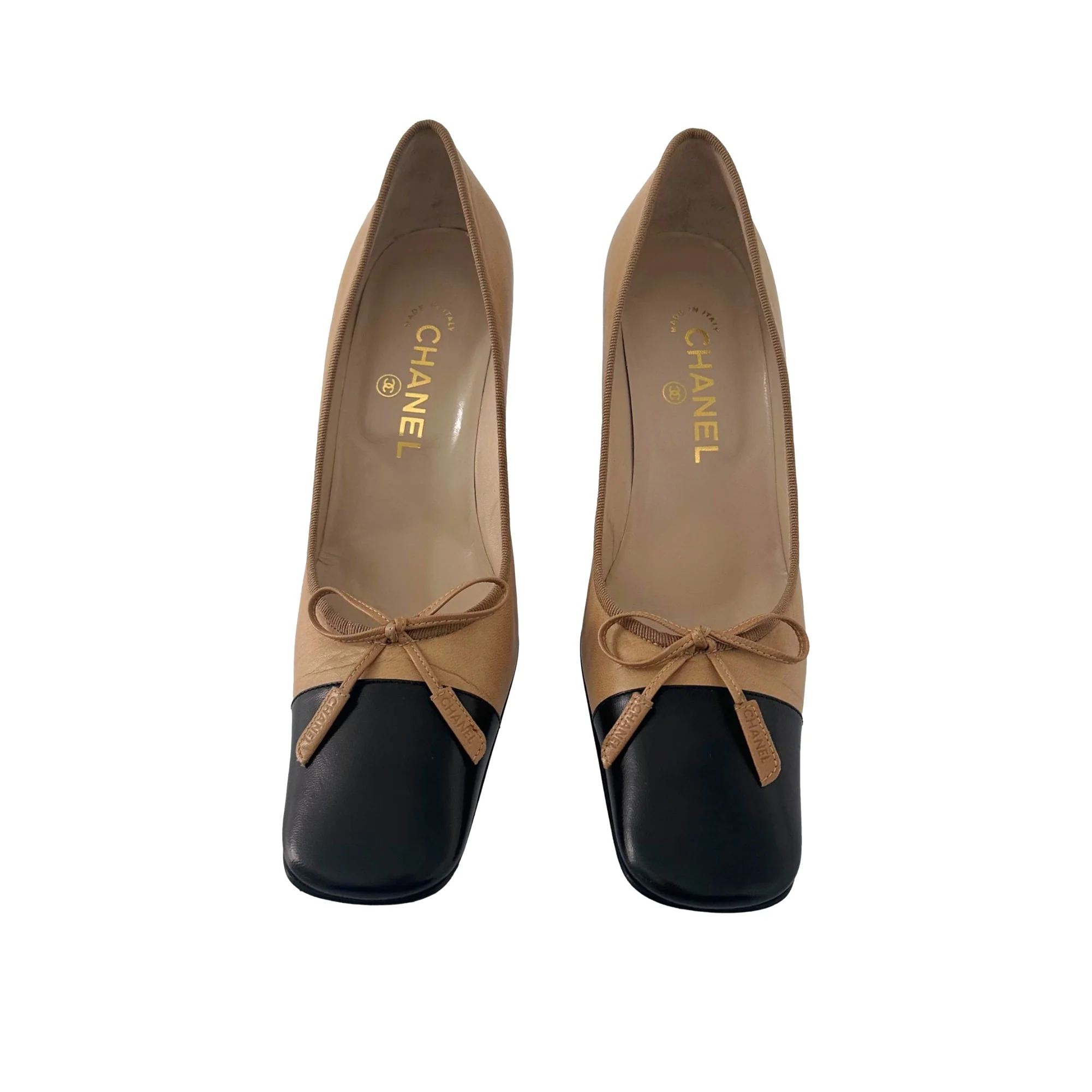 Chanel Nude + Black Leather Bow Heels - Image 2