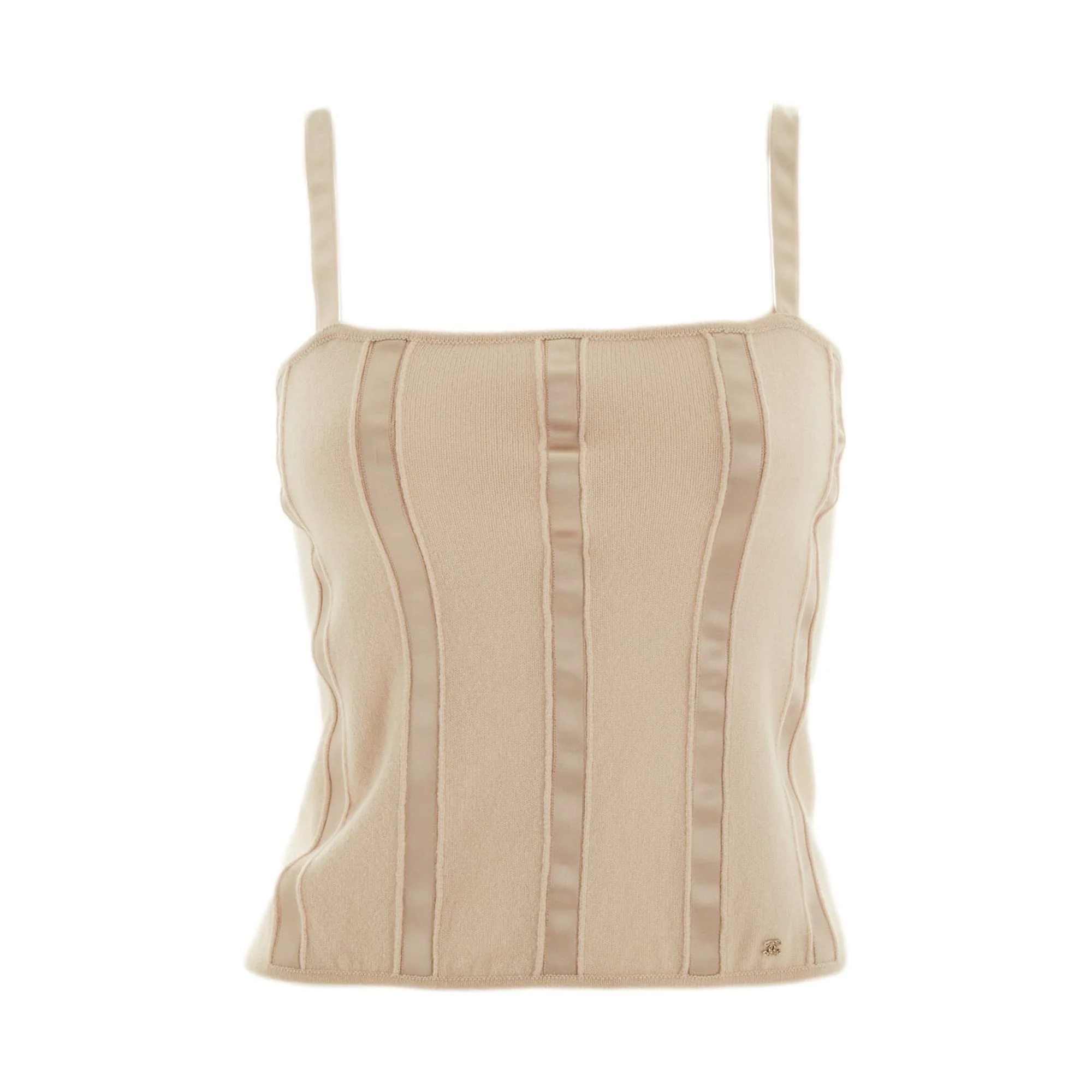 Chanel Ivory Satin Striped Cashmere Logo Tank