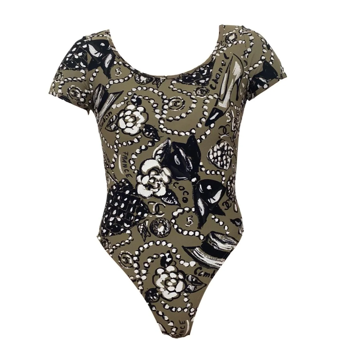 Chanel Olive Print Logo Bodysuit