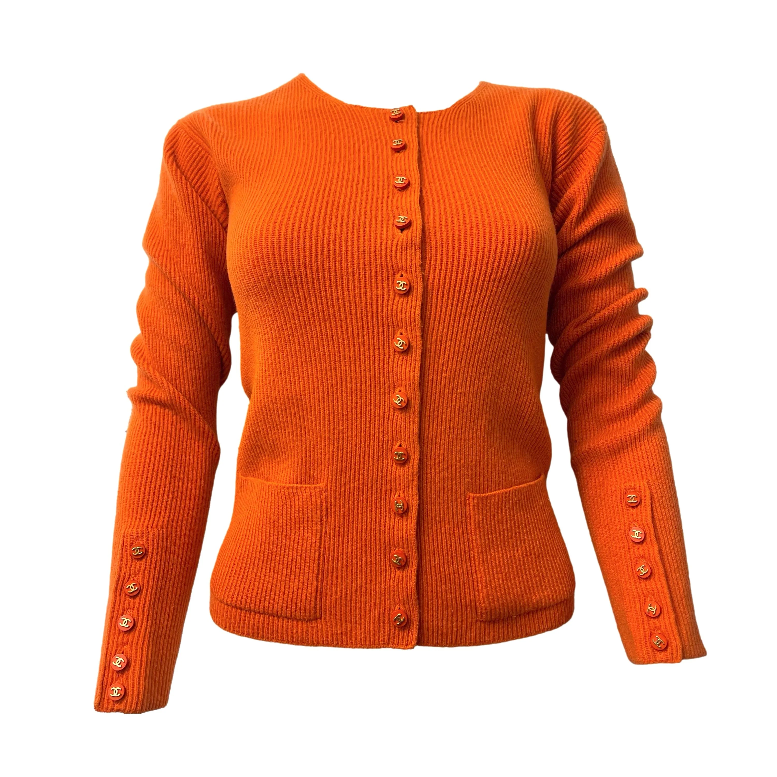 Chanel Orange Cashmere Logo Button Cardigan