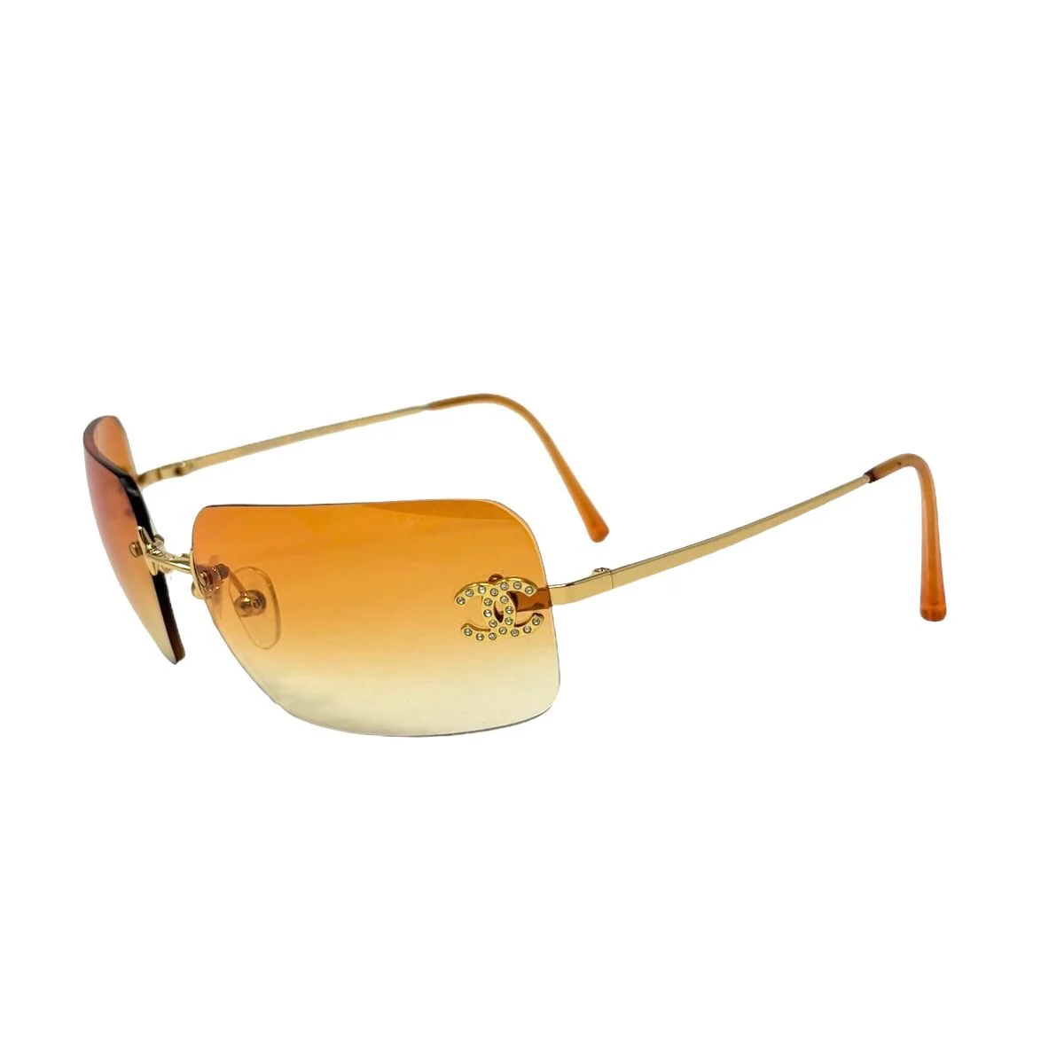Chanel Orange Rhinestone Logo Rimless Sunglasses - Image 3