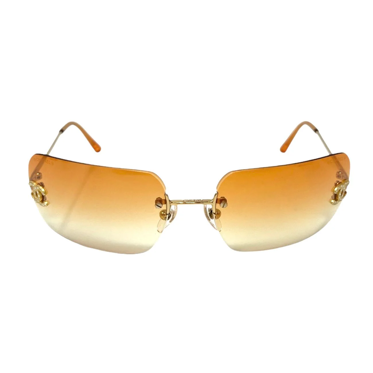 Chanel Orange Rhinestone Logo Rimless Sunglasses - Image 2
