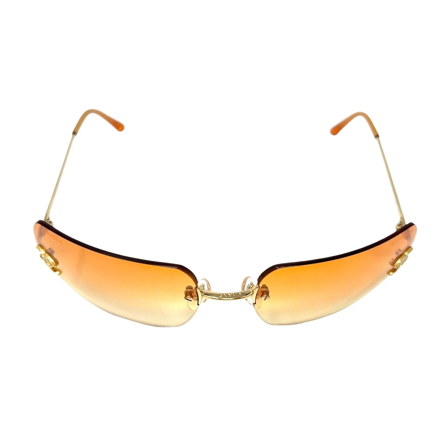 Chanel Orange Rhinestone Logo Rimless Sunglasses - Image 3