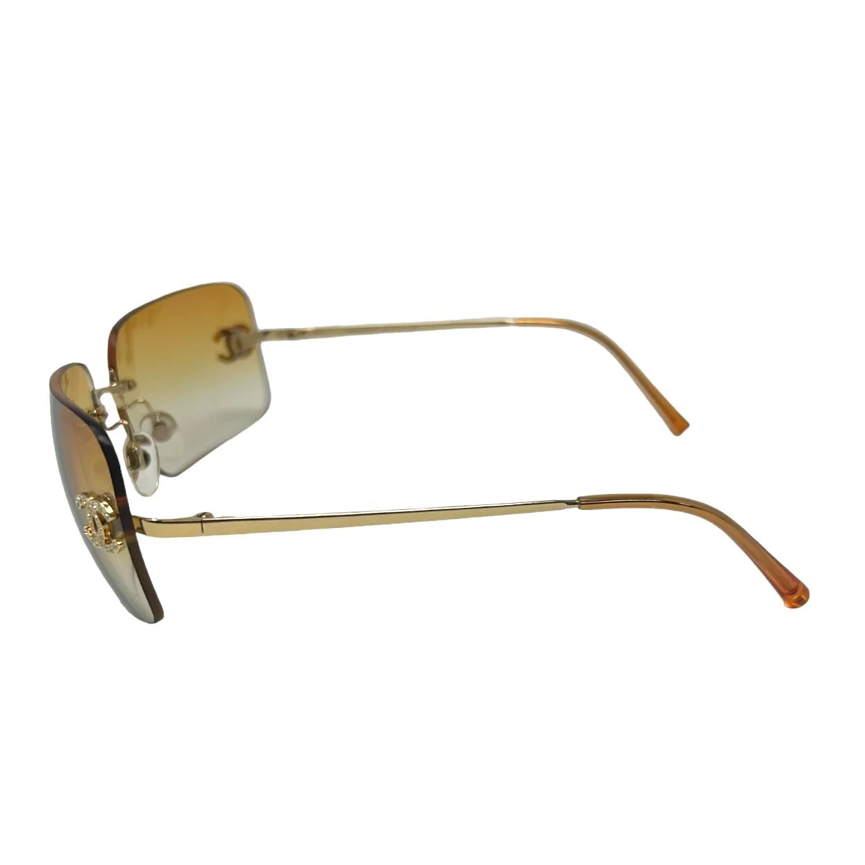 Chanel Light Orange Rhinestone Logo Rimless Sunglasses - Image 3