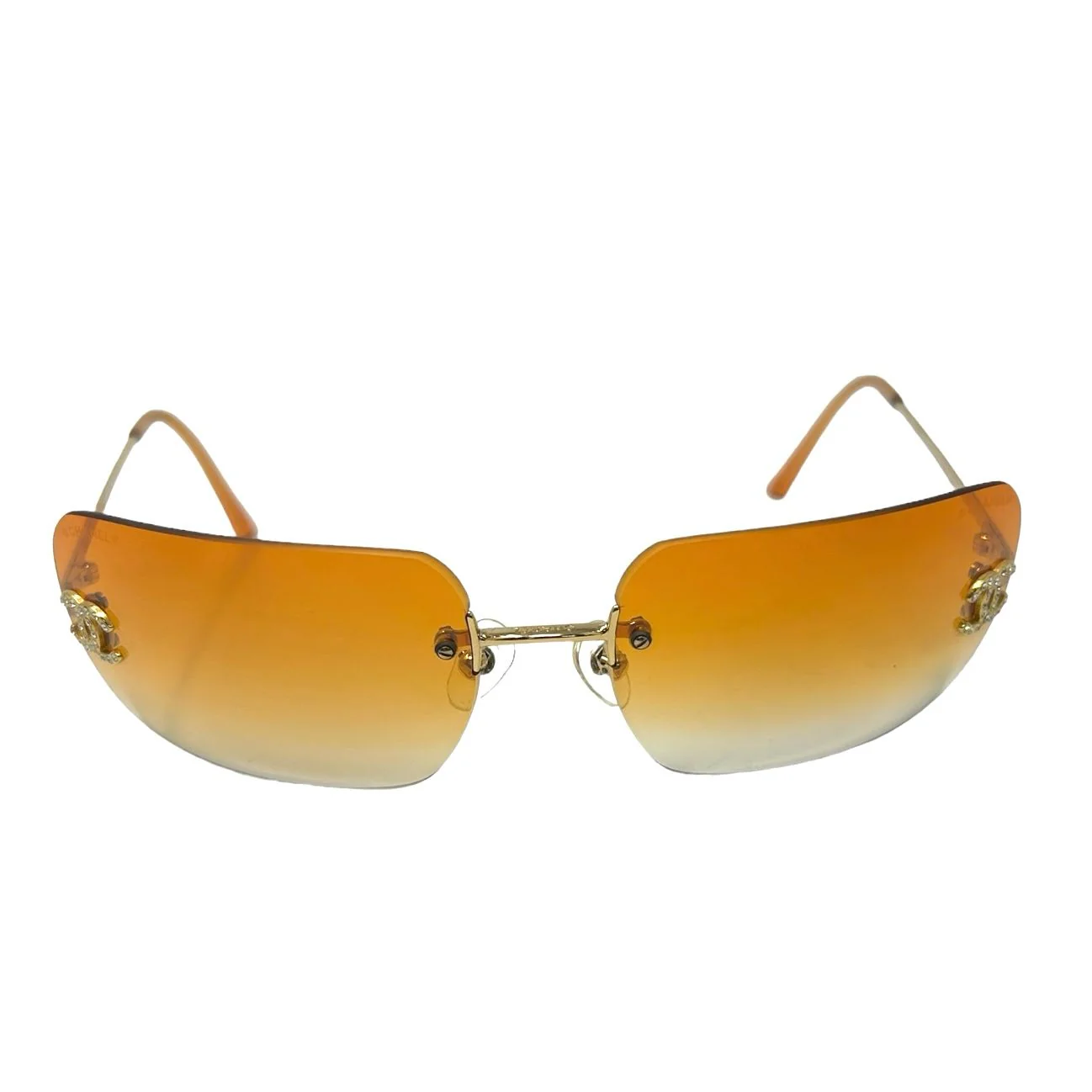 Chanel Orange Rhinestone Logo Rimless Sunglasses - Image 2