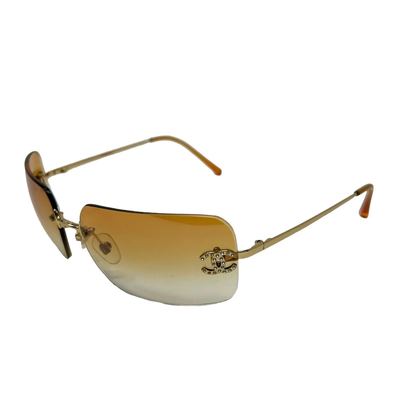 Chanel Orange Rhinestone Logo Rimless Sunglasses