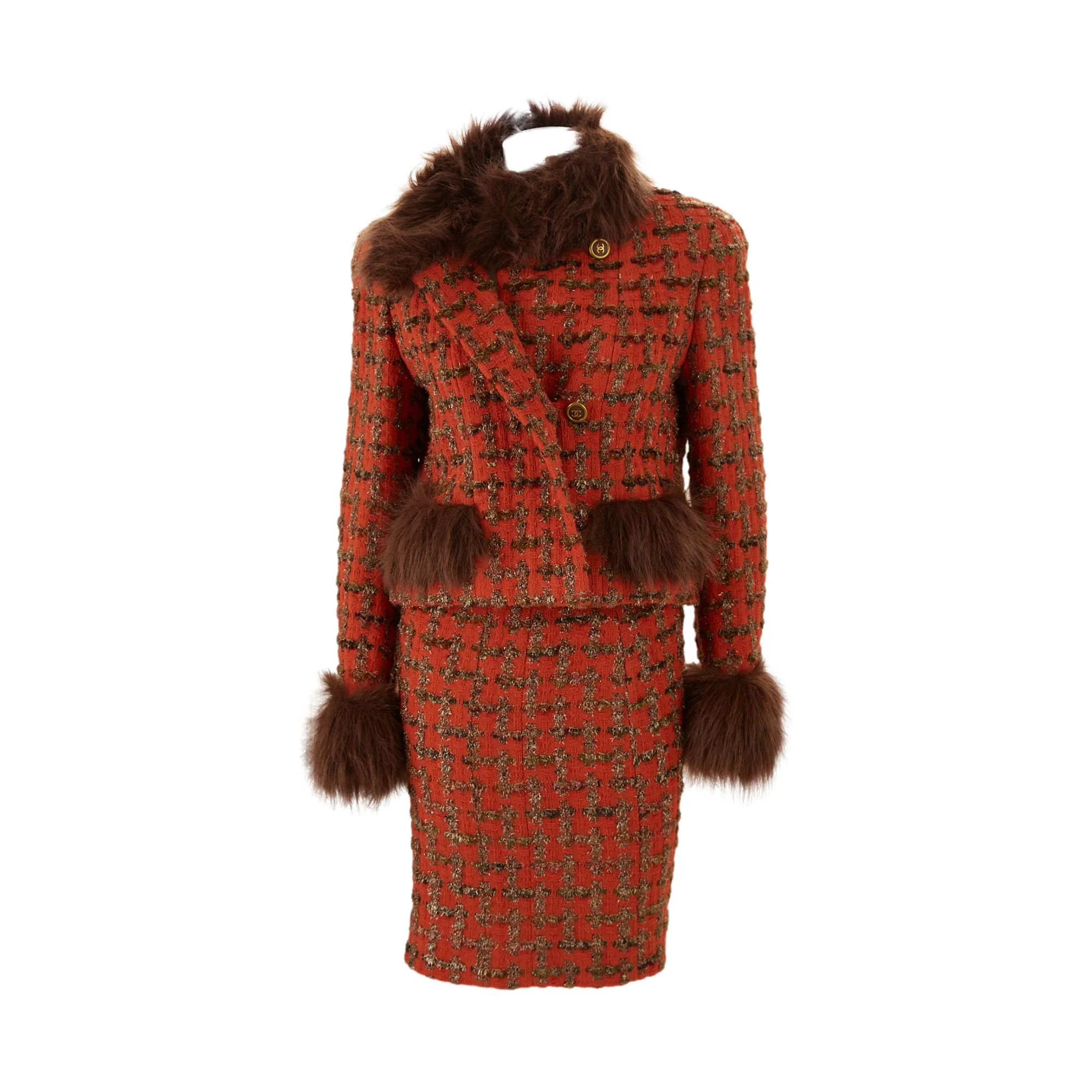 Chanel Orange Tweed Fur Skirt Set - Image 2