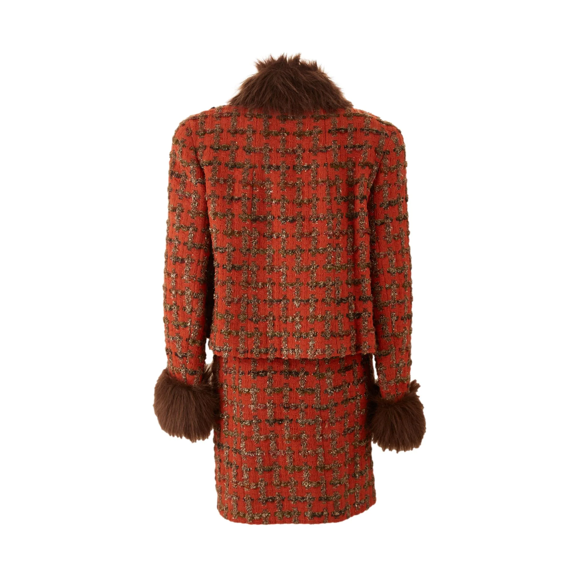 Chanel Orange Tweed Fur Skirt Set - Image 3