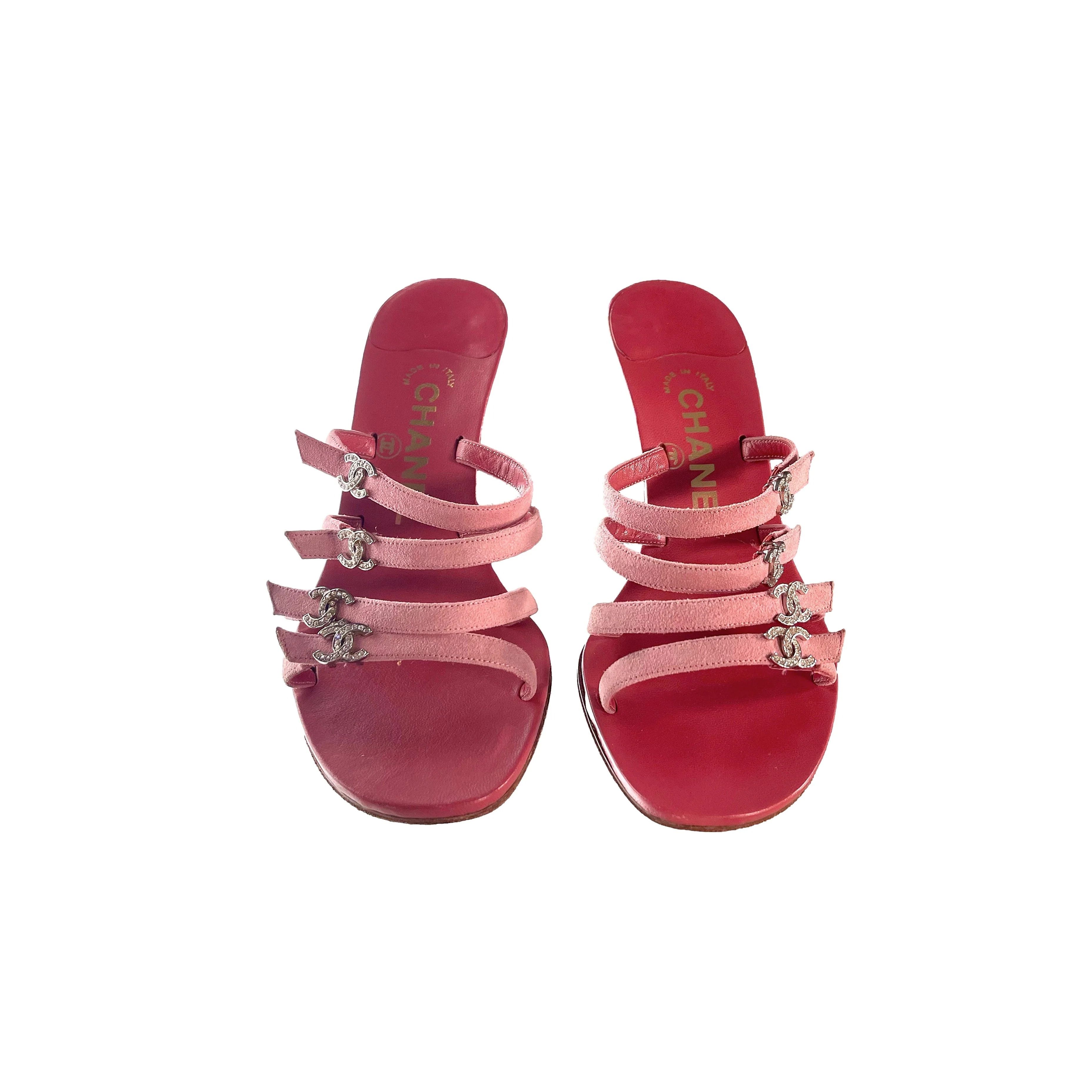 Chanel Pink Logo Rhinestone Heels - Image 2
