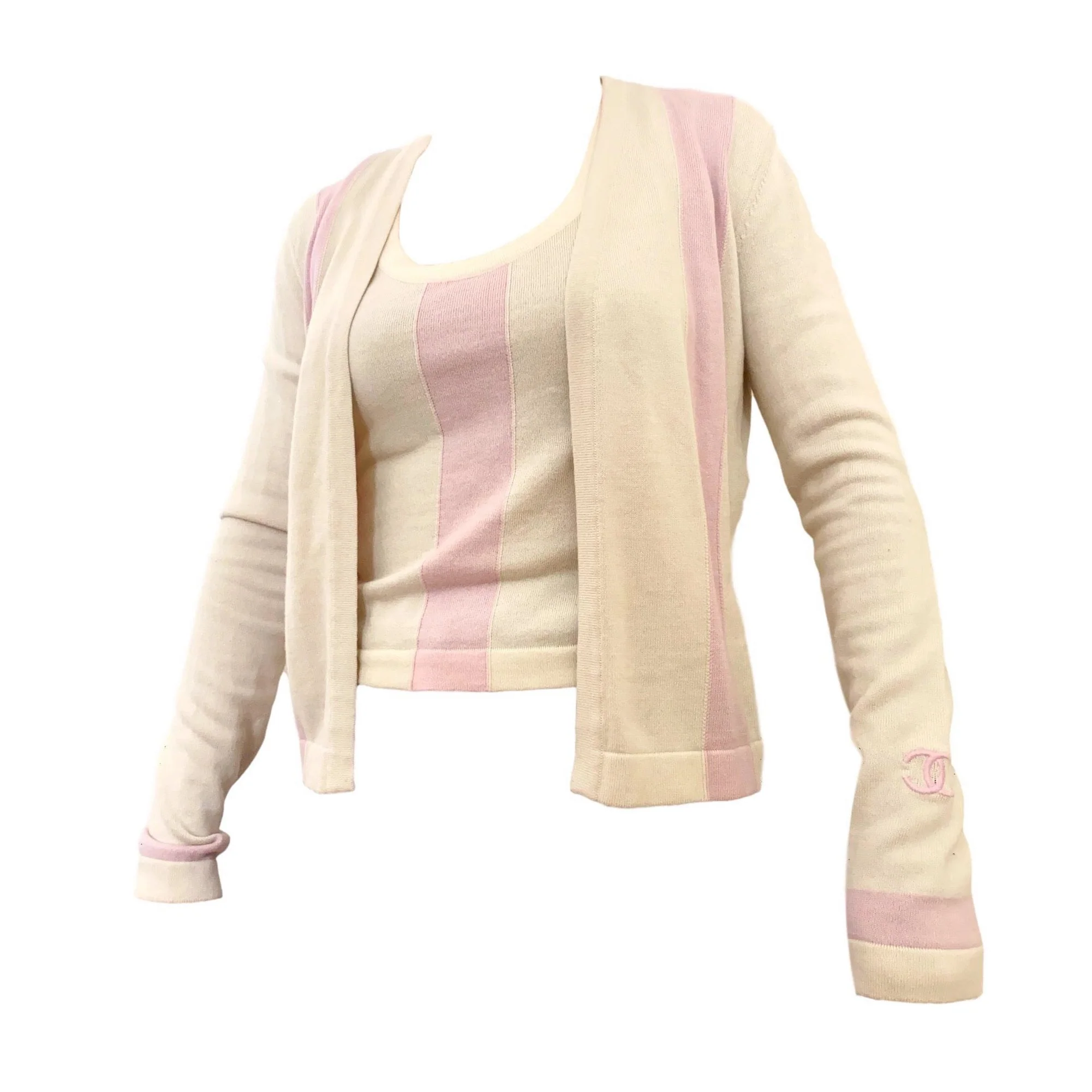 Chanel Pink Logo Stripe Cardigan Set