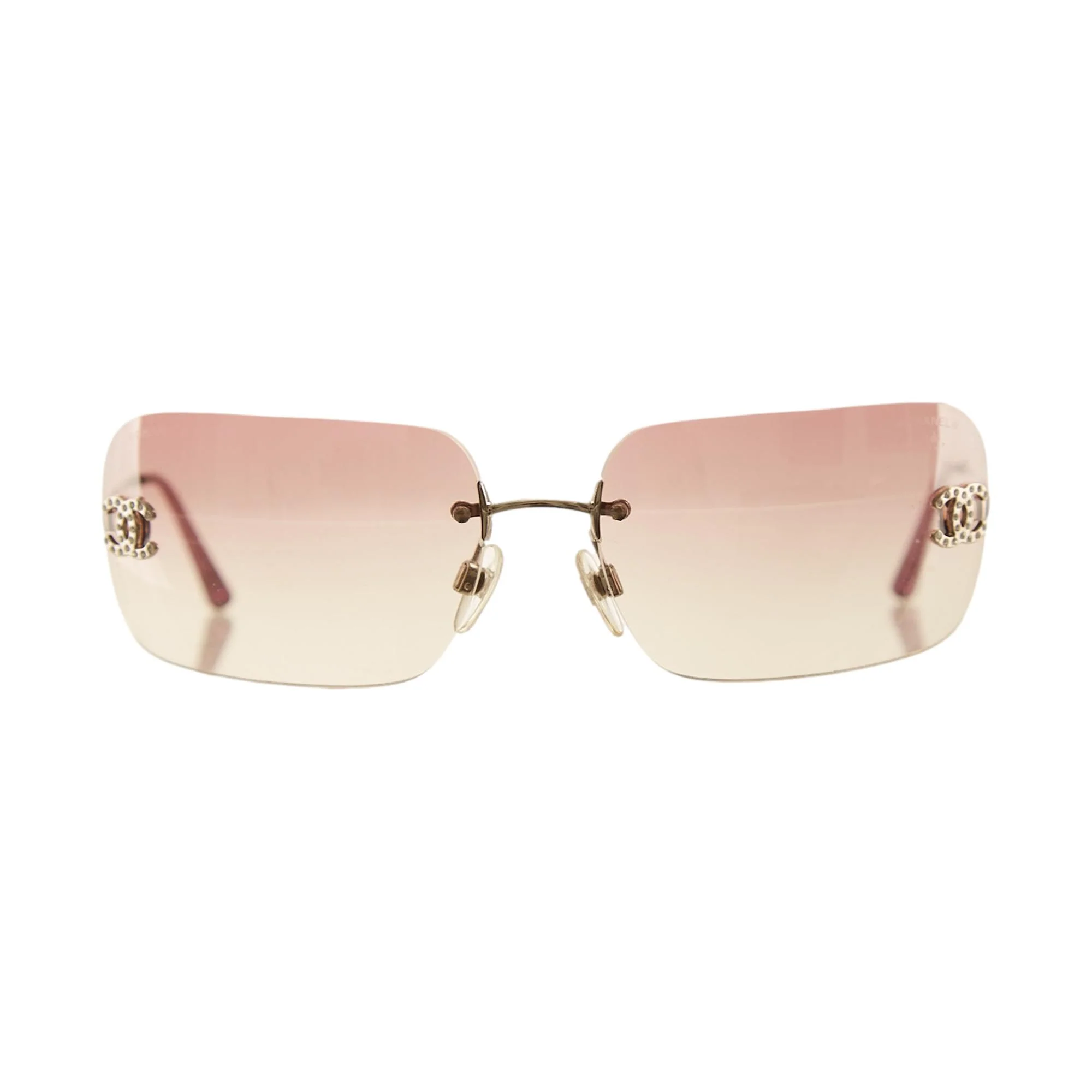 Chanel Pink Rhinestone Logo Rimless Sunglasses