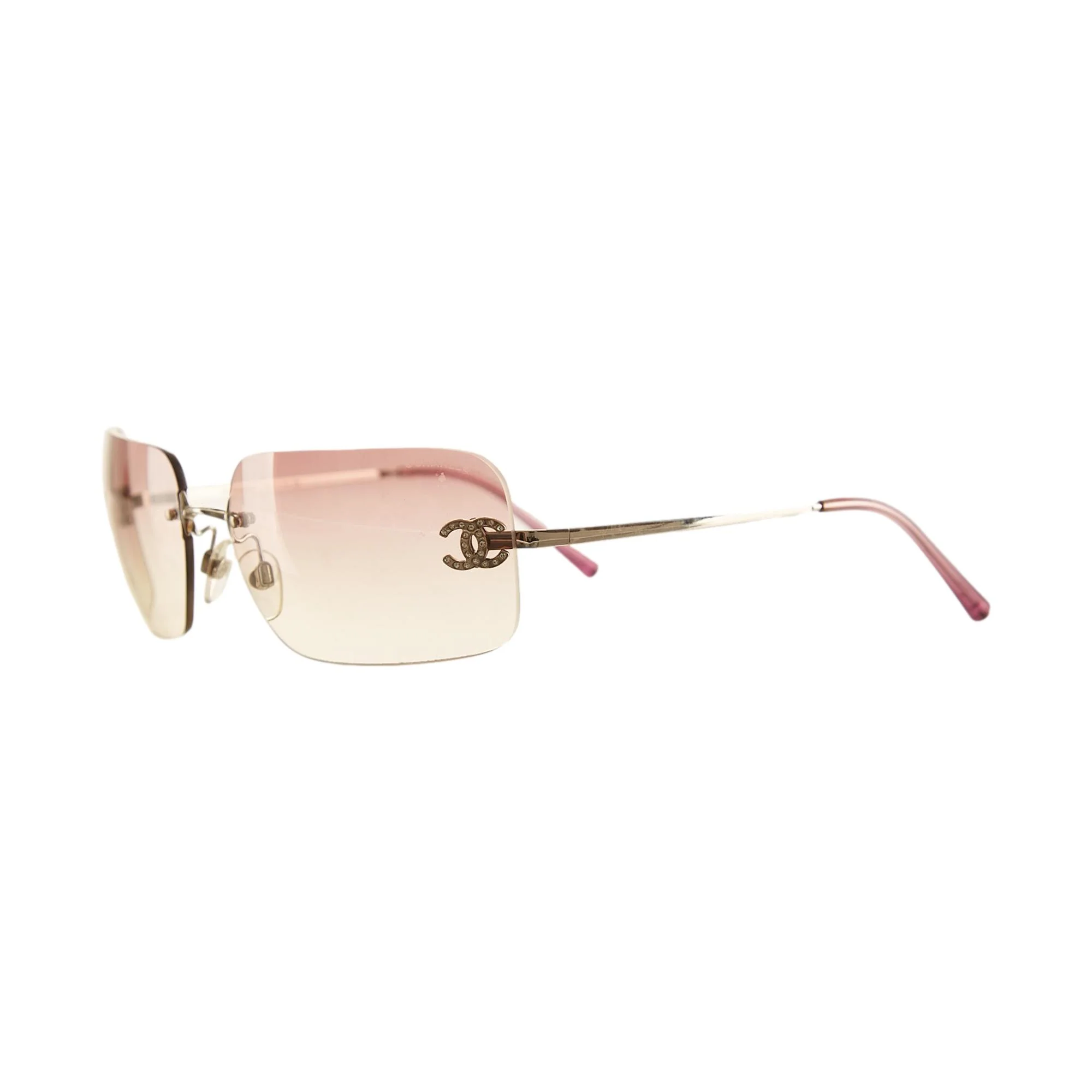 Chanel Pink Rhinestone Logo Rimless Sunglasses - Image 2