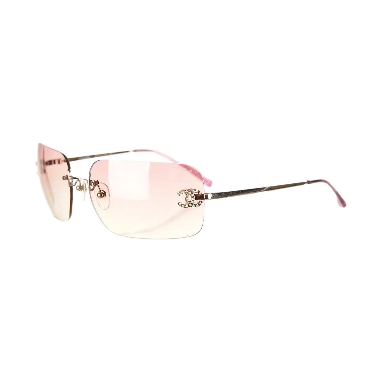 Chanel Pink Rimless Rhinestone Logo Sunglasses