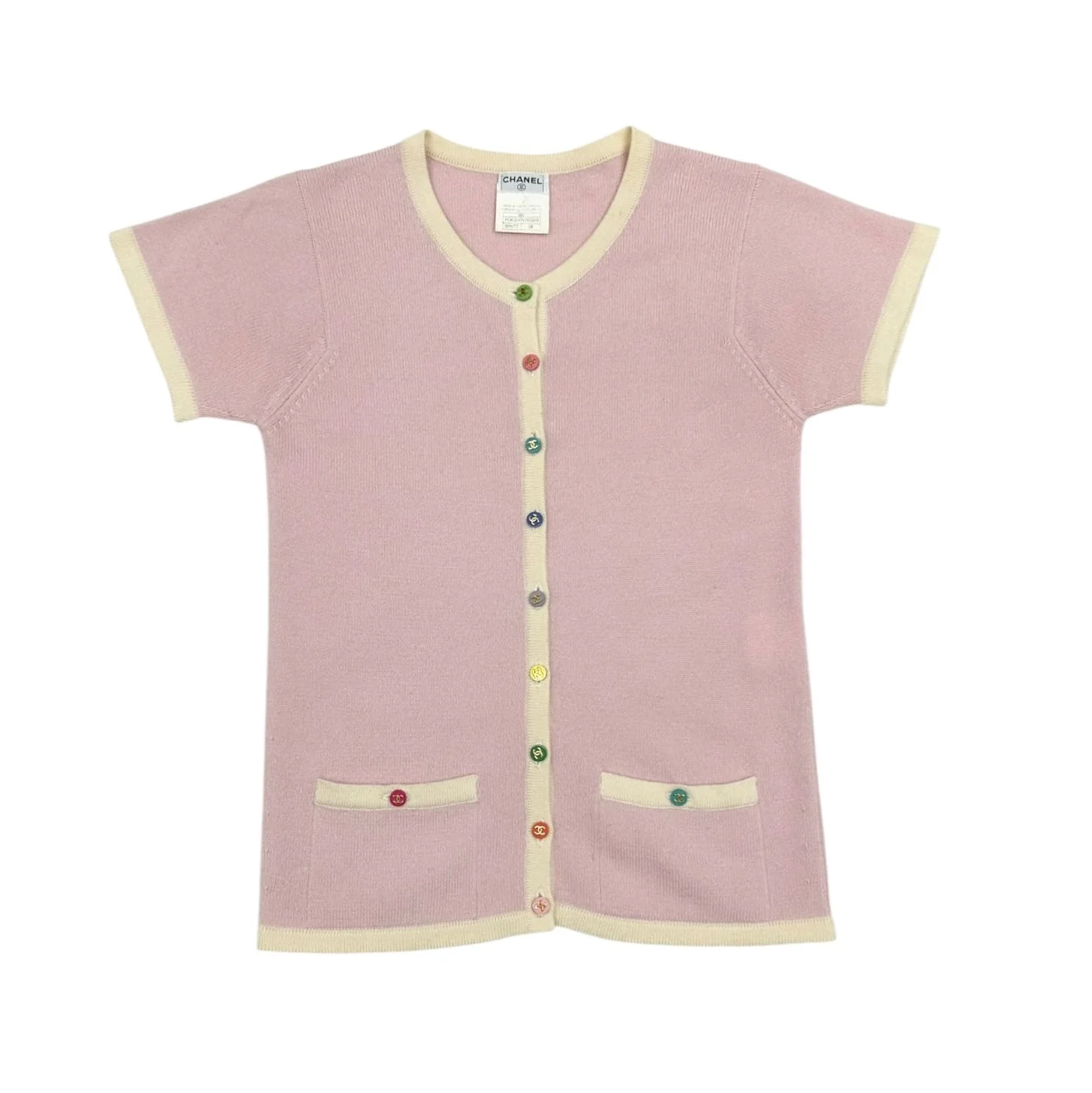 Chanel Pink Short Sleeve Logo Button Cardigan - Image 2