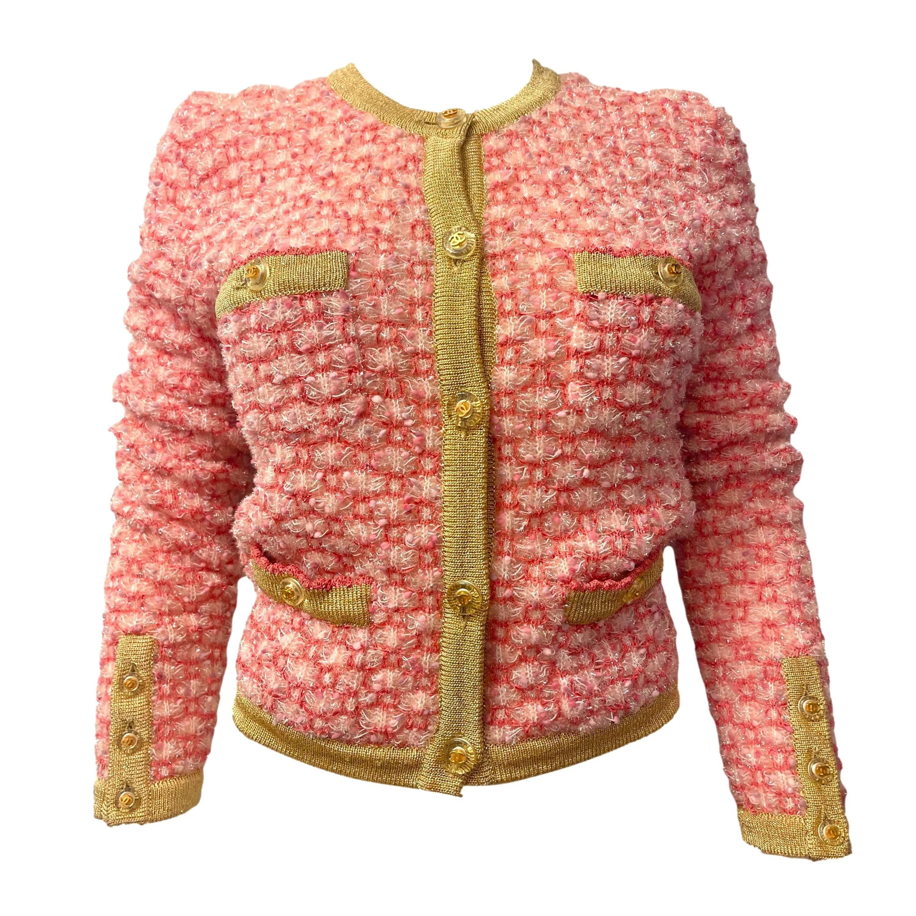Chanel Pink Textured Logo Cardigan