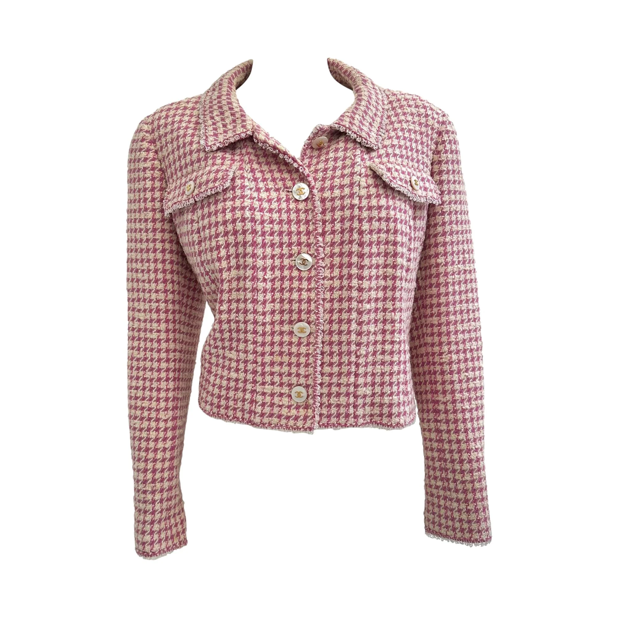 Chanel Pink Tweed Houndstooth Cropped Blazer - Image 2