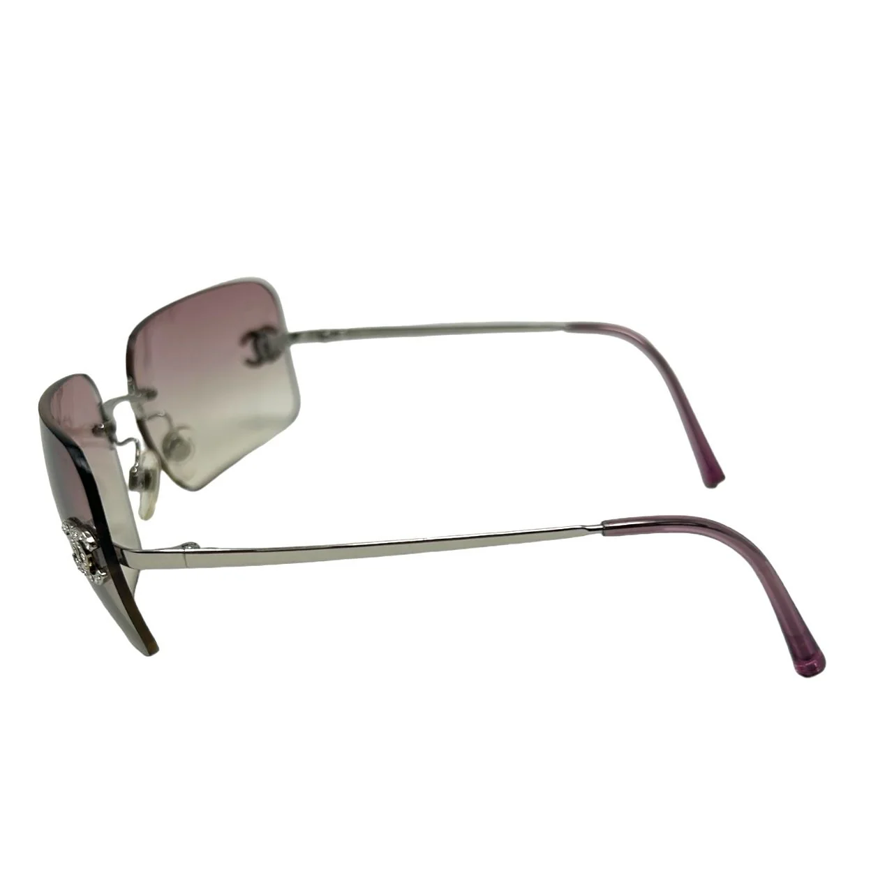 Chanel Purple Rhinestone Logo Rimless Sunglasses - Image 3
