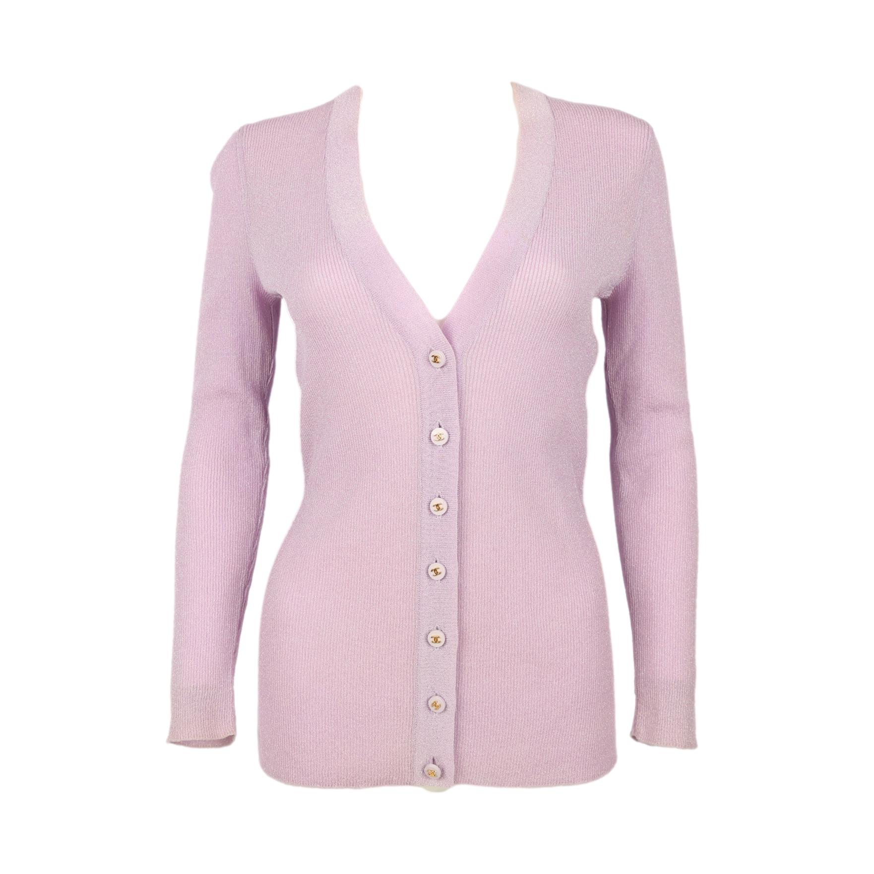 Chanel Purple Ribbed Logo Cardigan