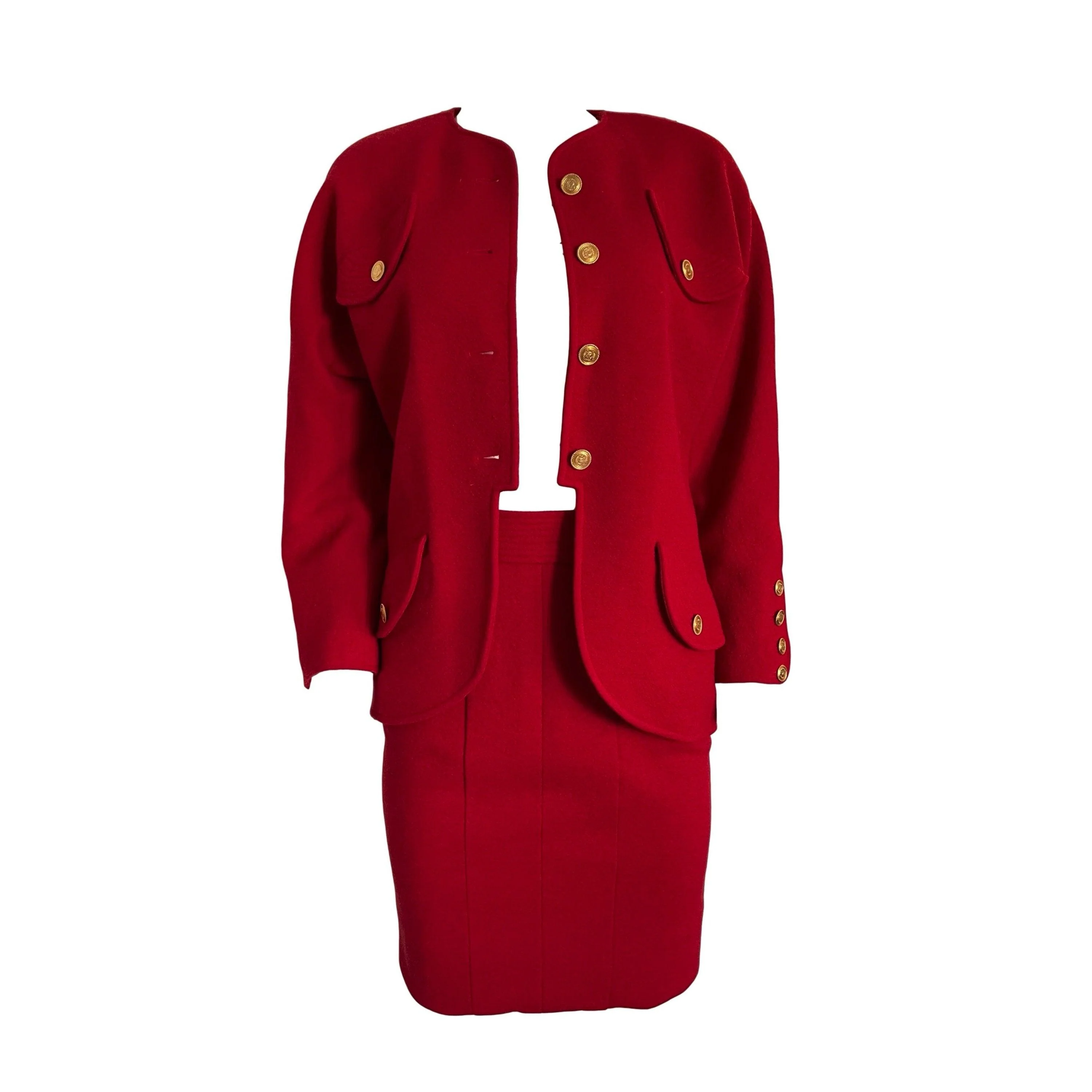 Chanel Red Logo Blazer Skirt Set