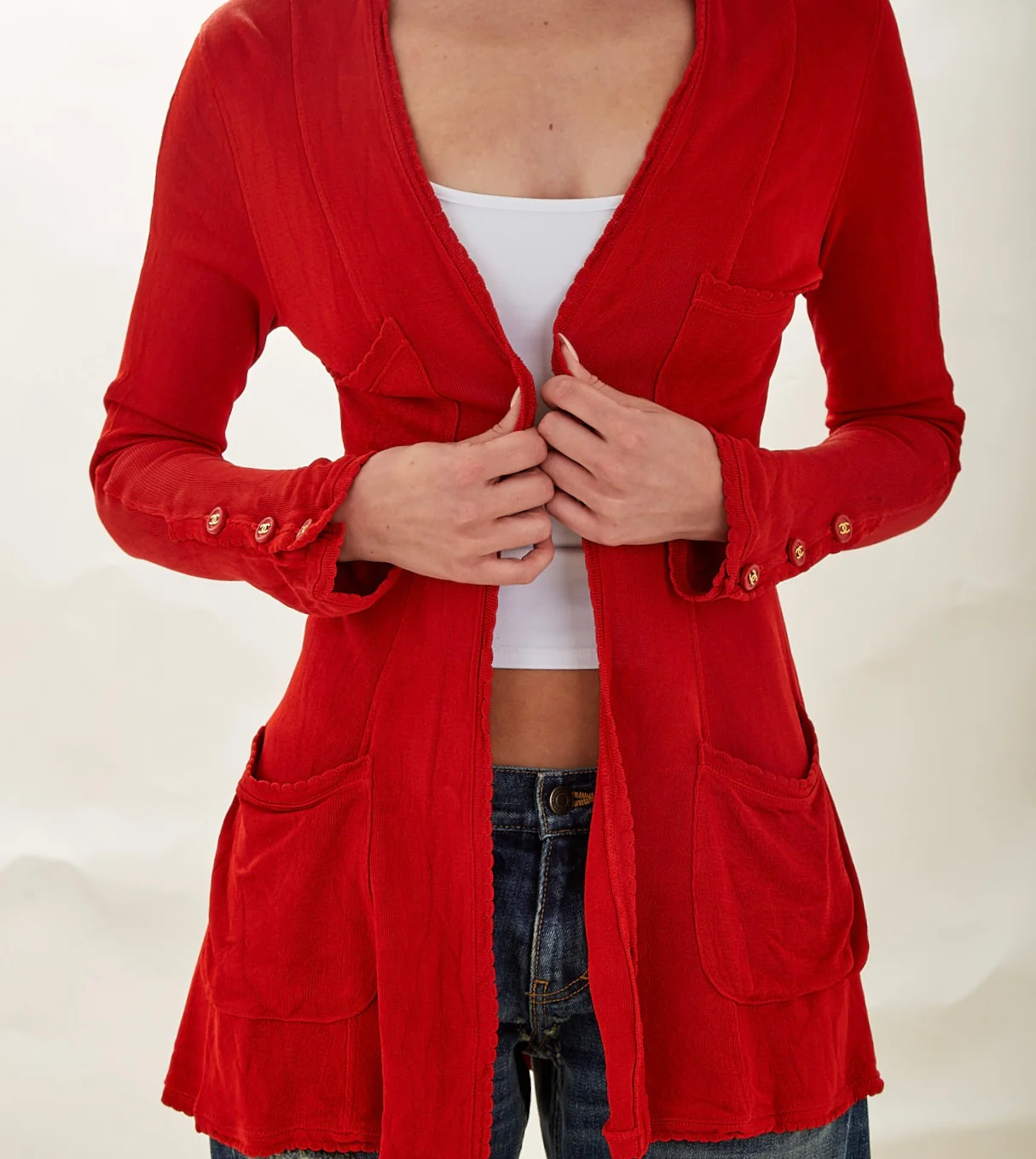 Chanel Red Logo Open Front Cardigan