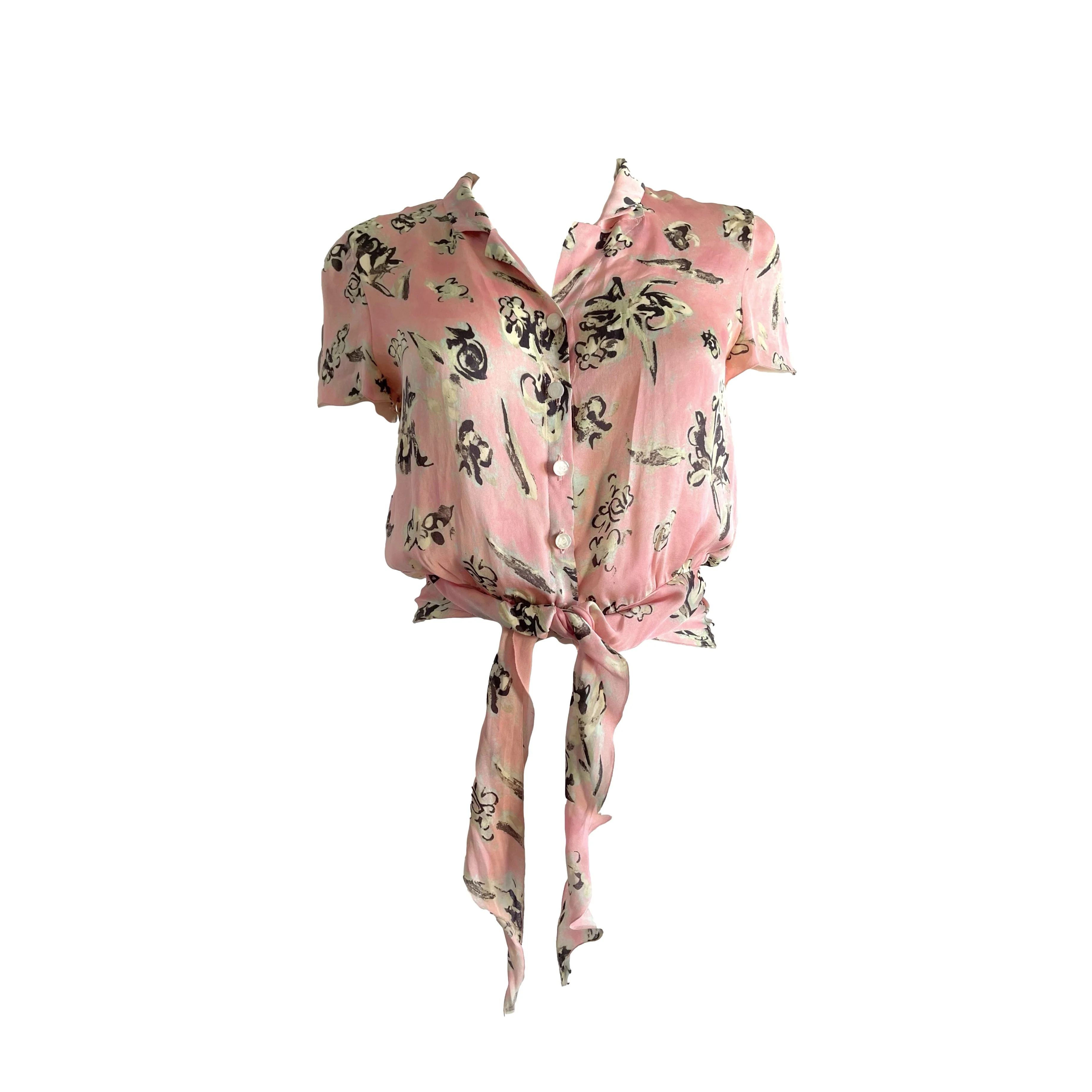 Chanel Silk Floral Logo Button Tie Top