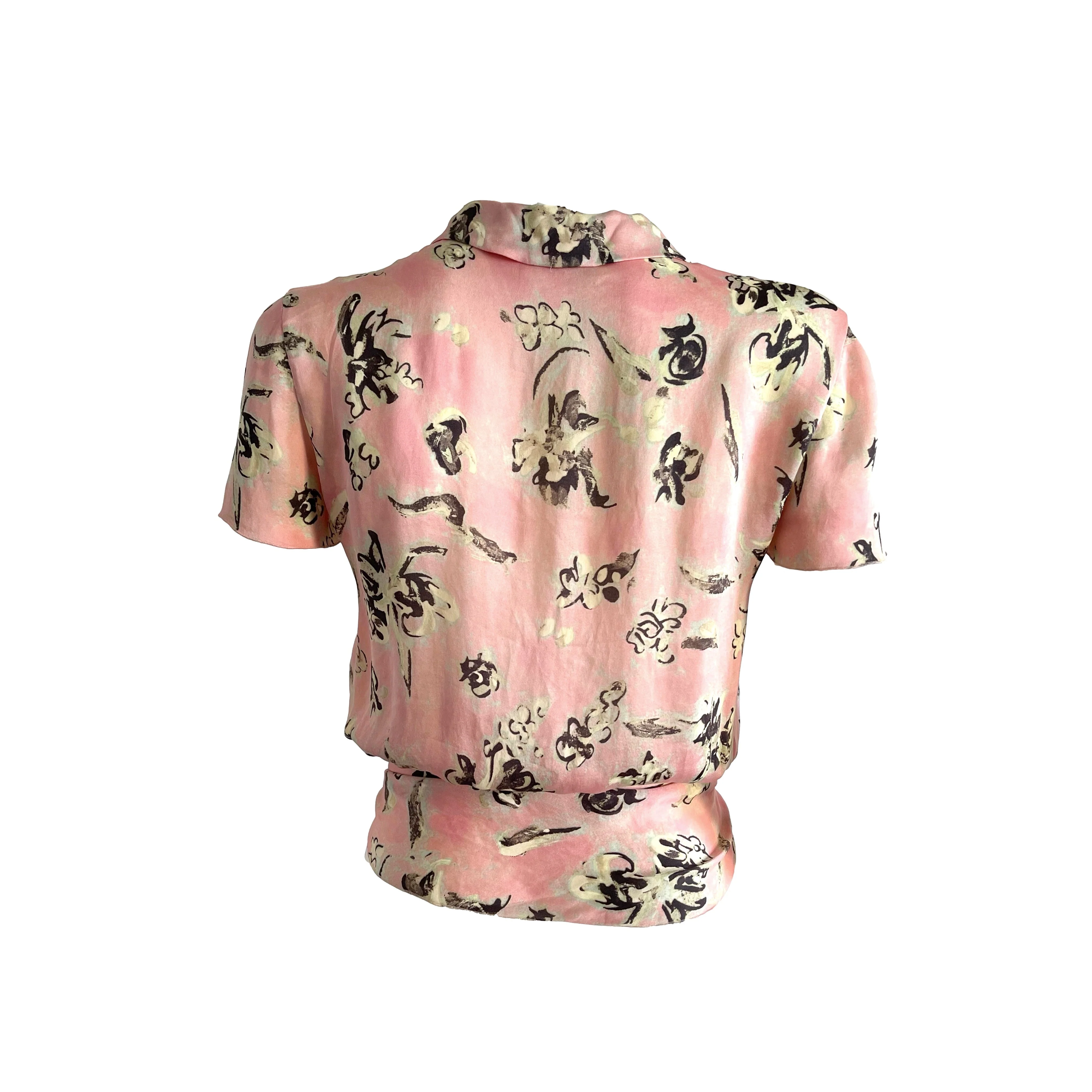 Chanel Silk Floral Logo Button Tie Top - Image 2