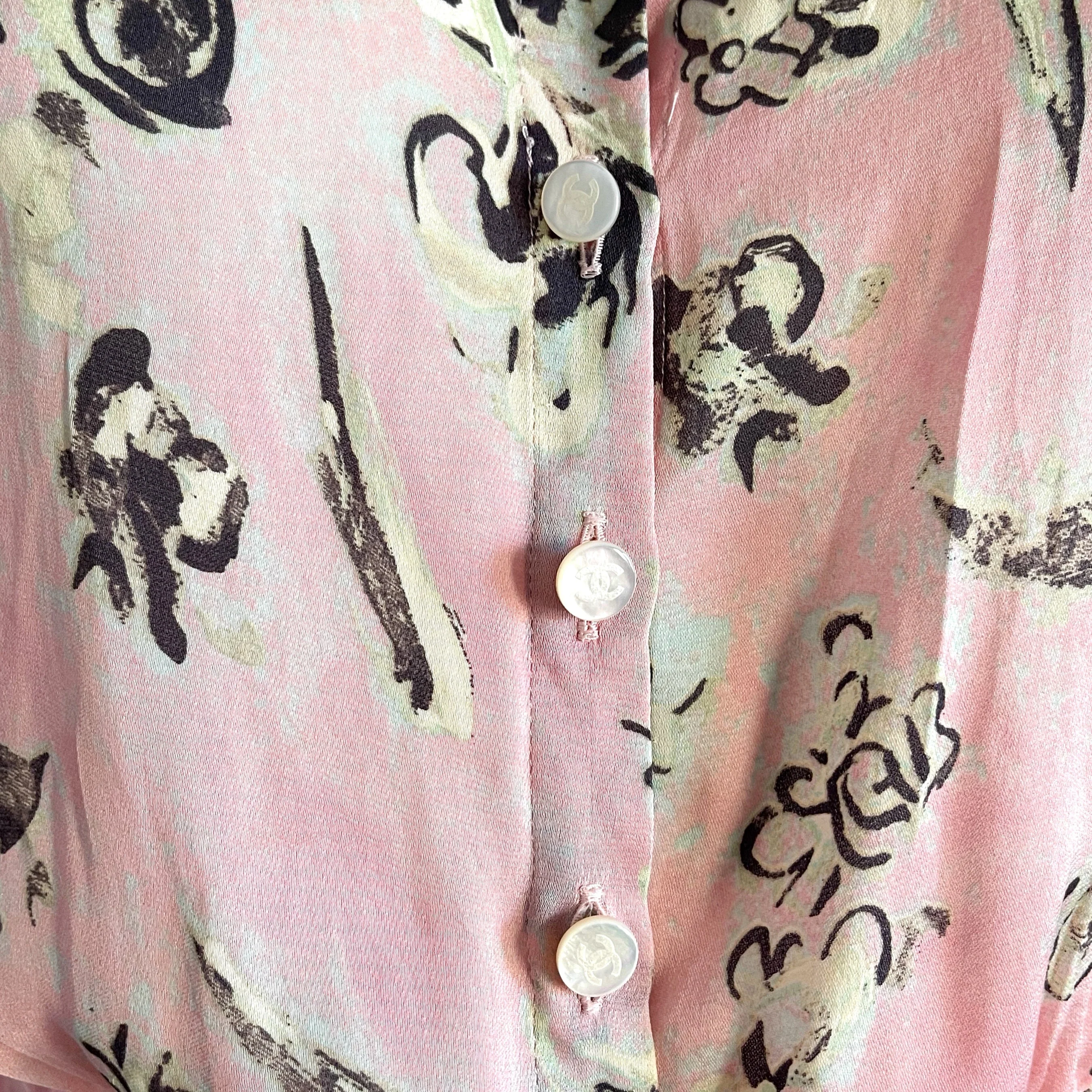 Chanel Silk Floral Logo Button Tie Top - Image 3