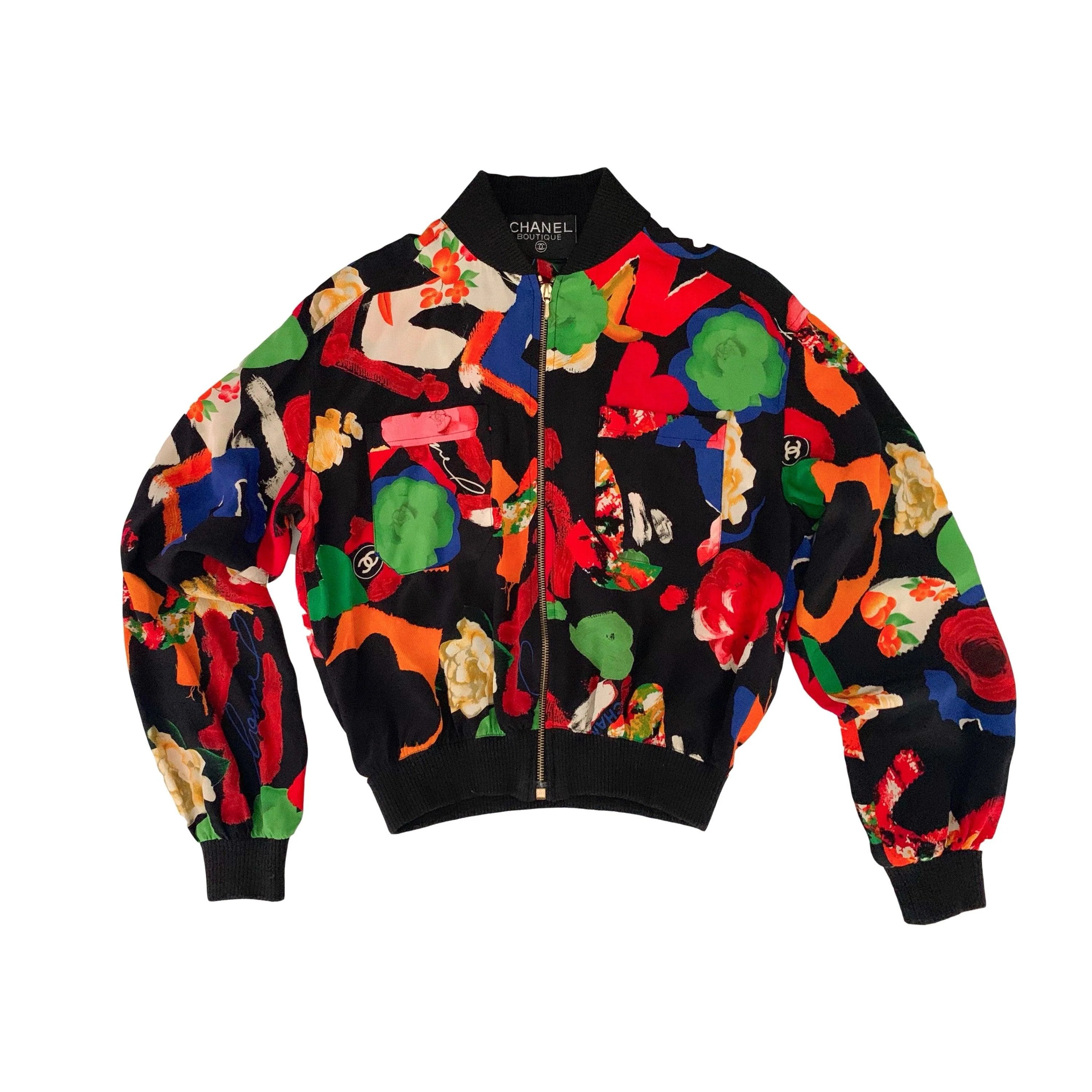 Chanel Silk Multicolor Logo Graffiti Bomber