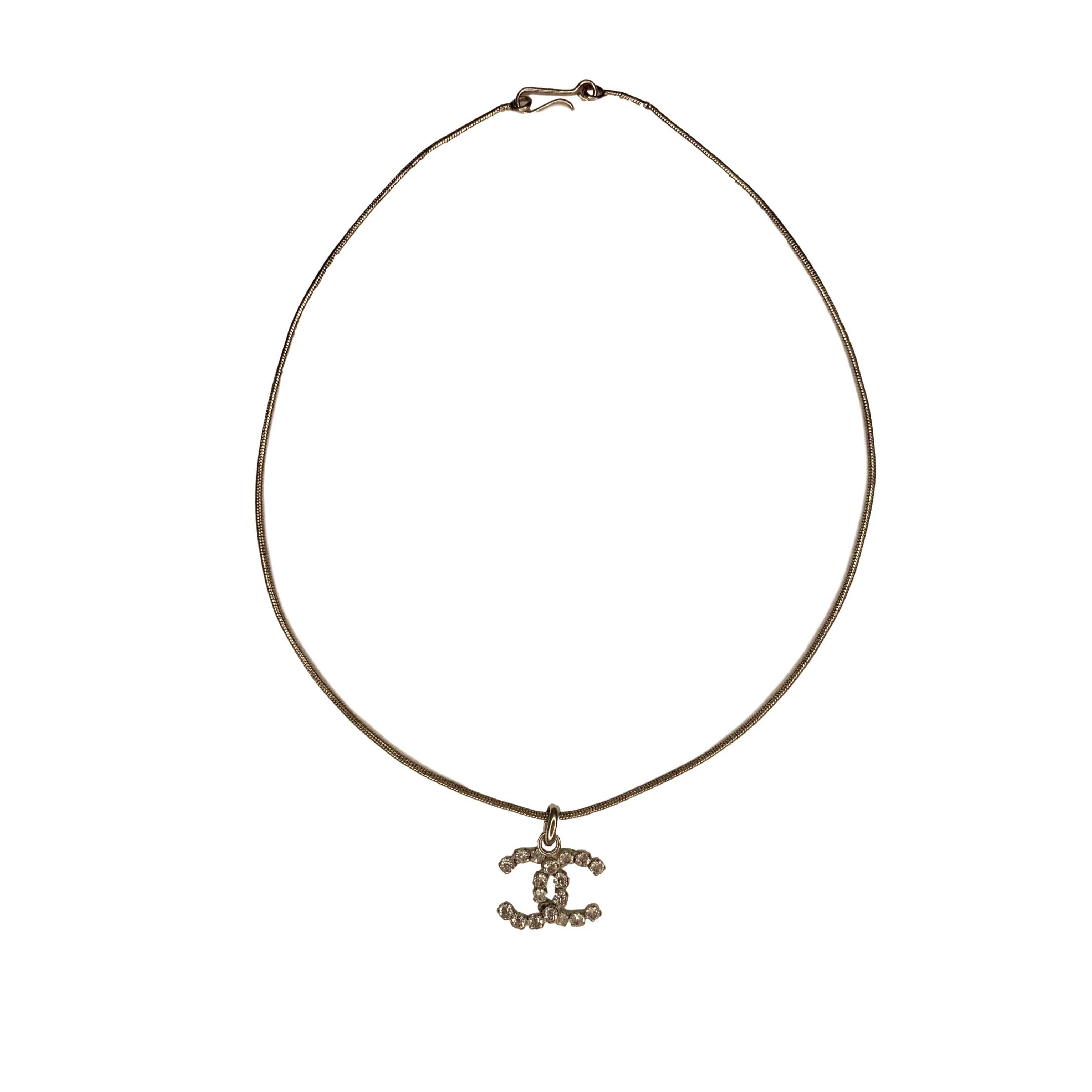 Chanel Silver Logo Rhinestone Necklace
