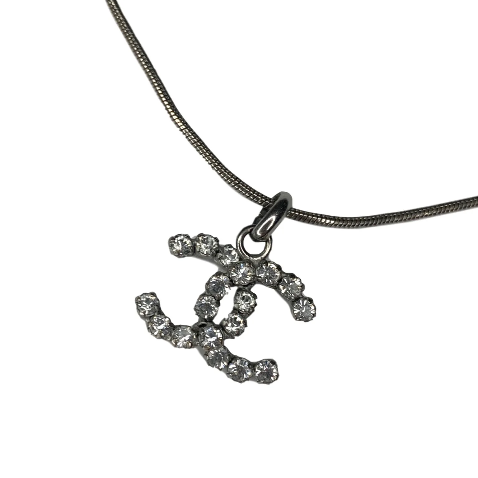 Chanel Silver Logo Rhinestone Necklace - Image 2