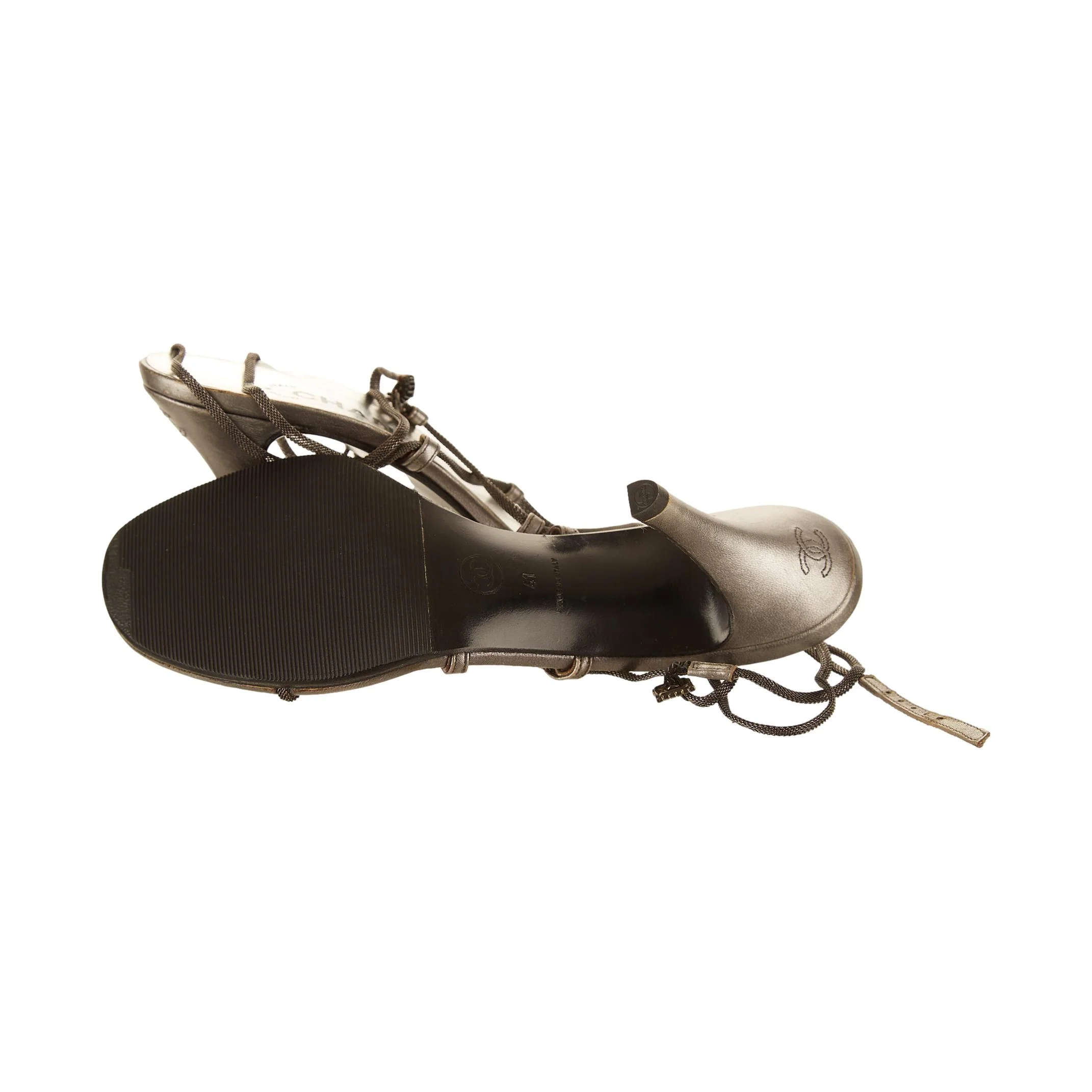Chanel Silver Tie Up Logo Heels - Image 3