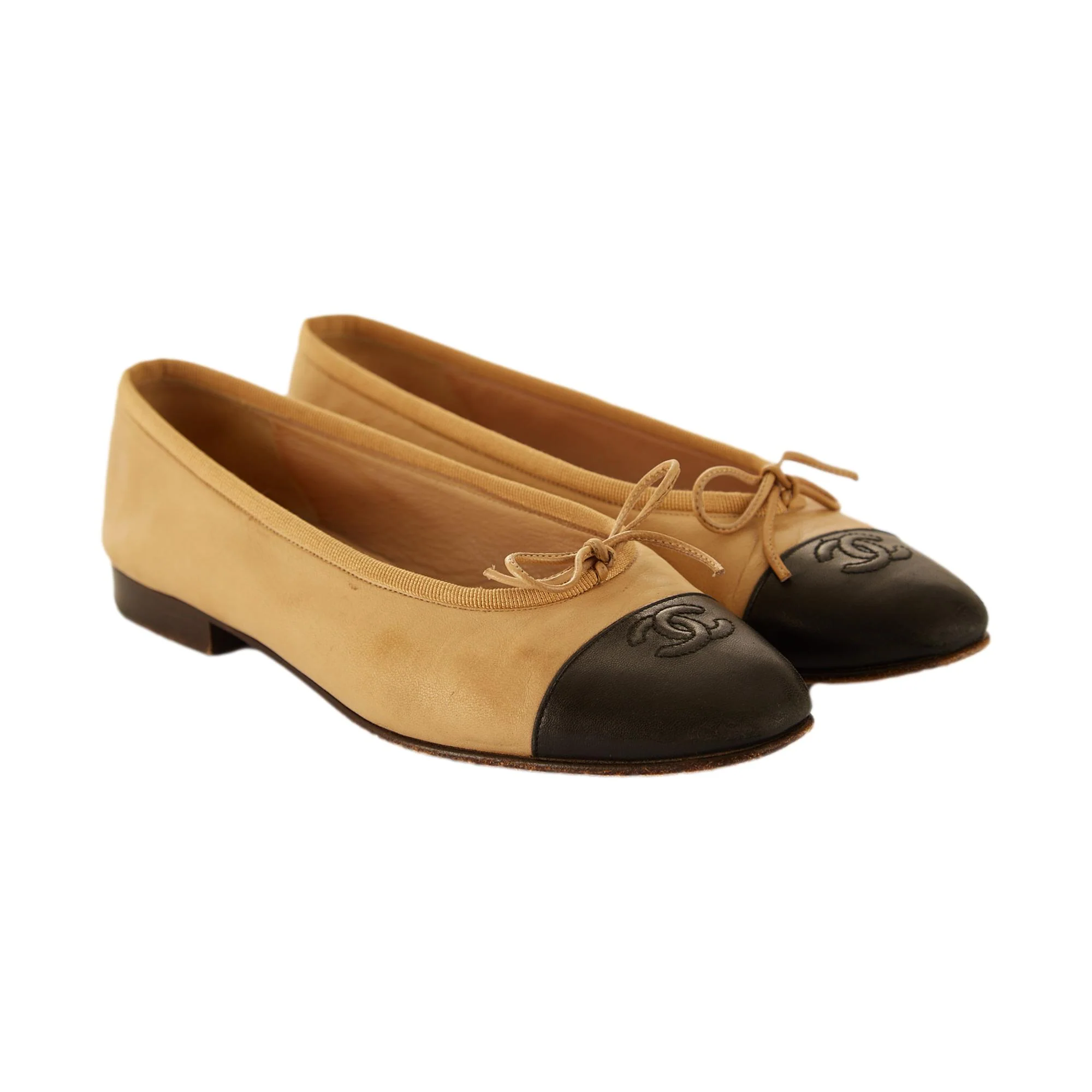 Chanel Tan and Black Logo Flats - Image 2