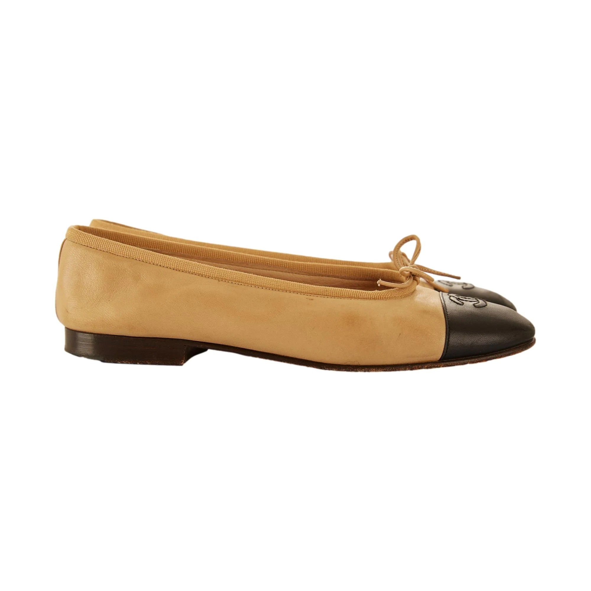 Chanel Tan and Black Logo Flats - Image 3