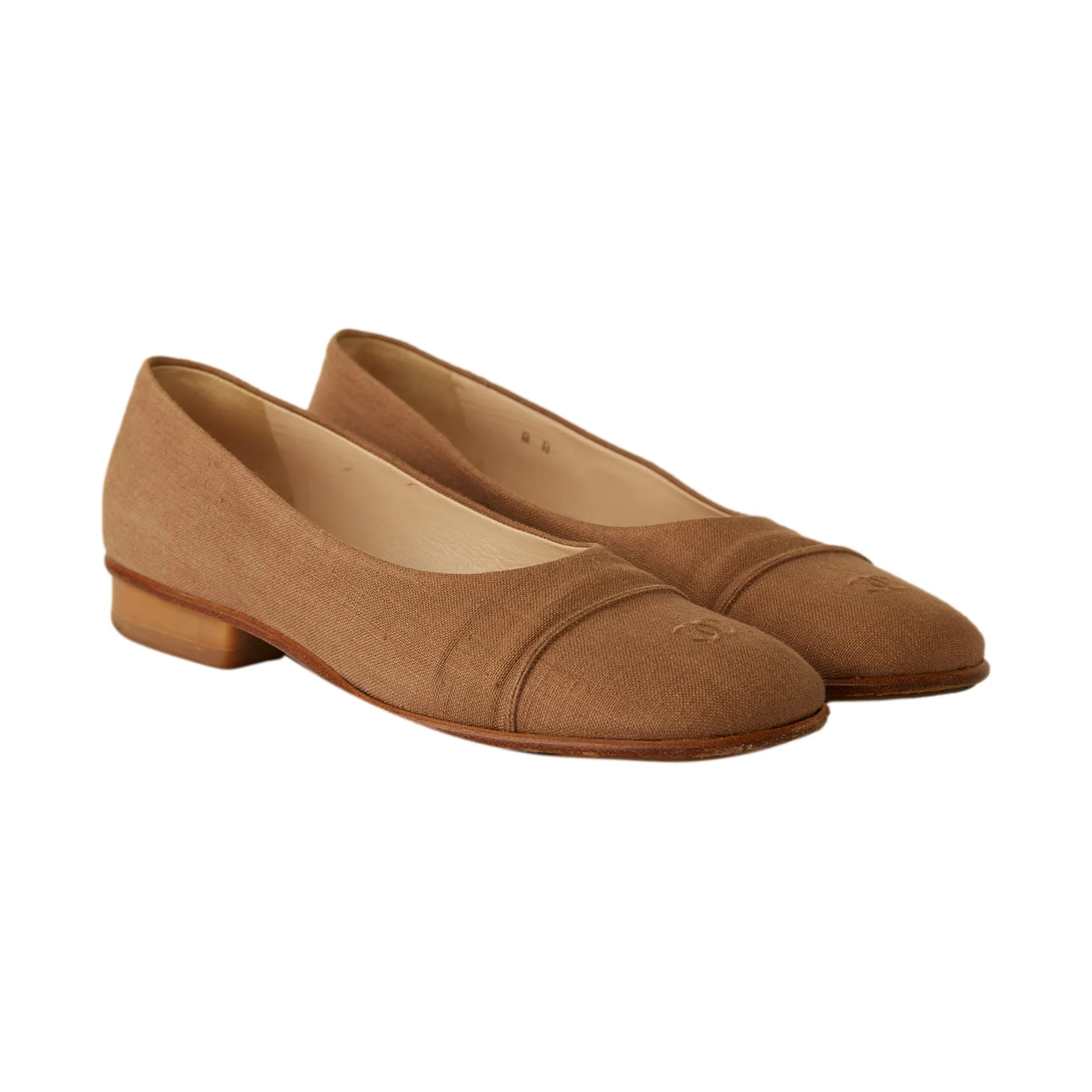Chanel Tan Linen Logo Flats - Image 3