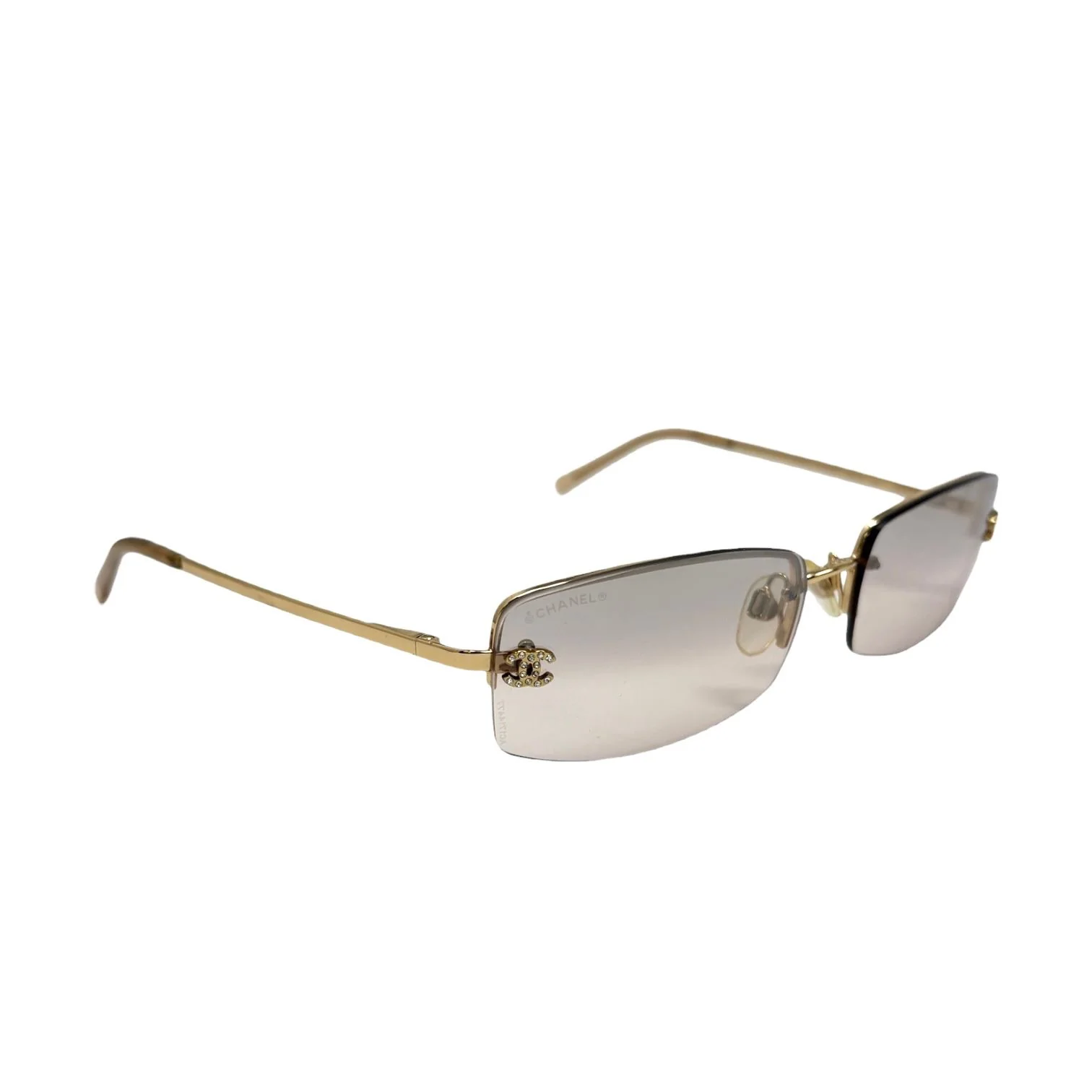 Chanel Tan Mini Rhinestone Rimless Sunglasses