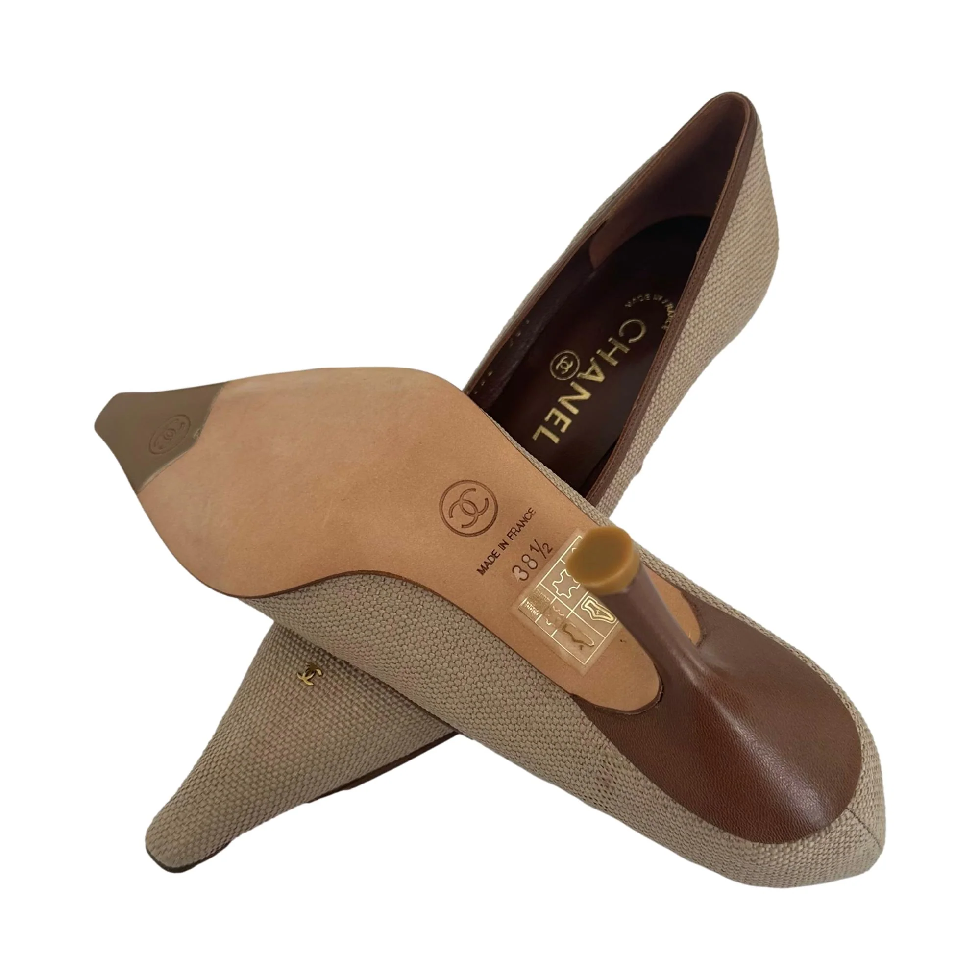 Chanel Tan Rafia Logo Heels - Image 3