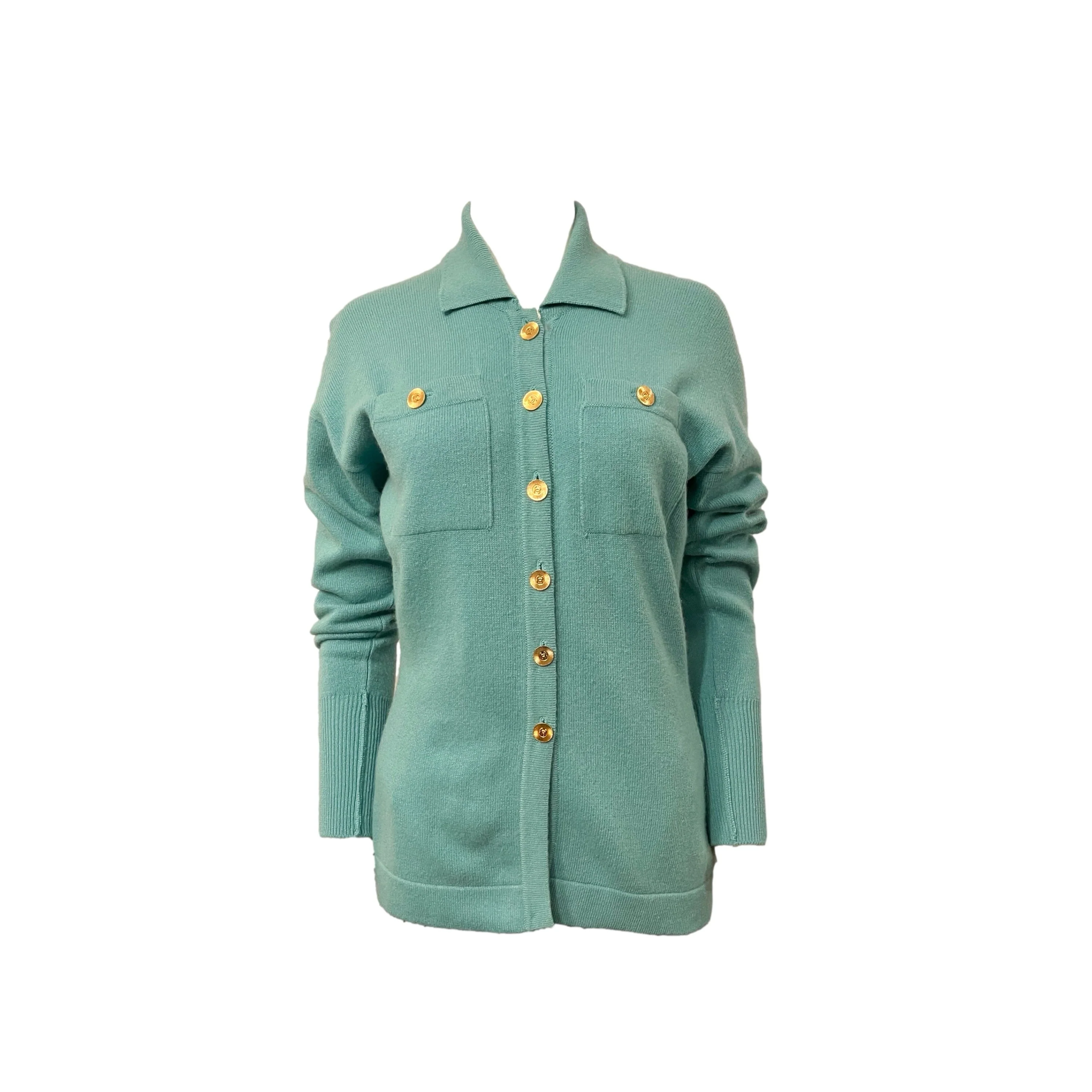 Chanel Turquoise Logo Button Cashmere Cardigan