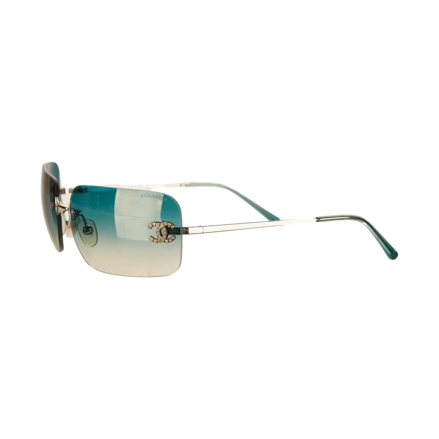 Chanel Turquoise Rimless Rhinestone Logo Sunglasses