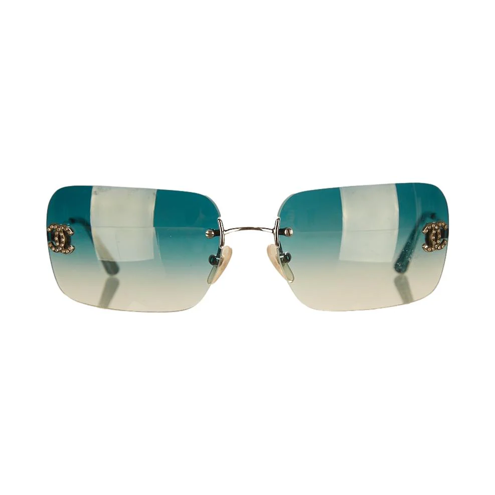 Chanel Turquoise Rimless Rhinestone Logo Sunglasses - Image 2