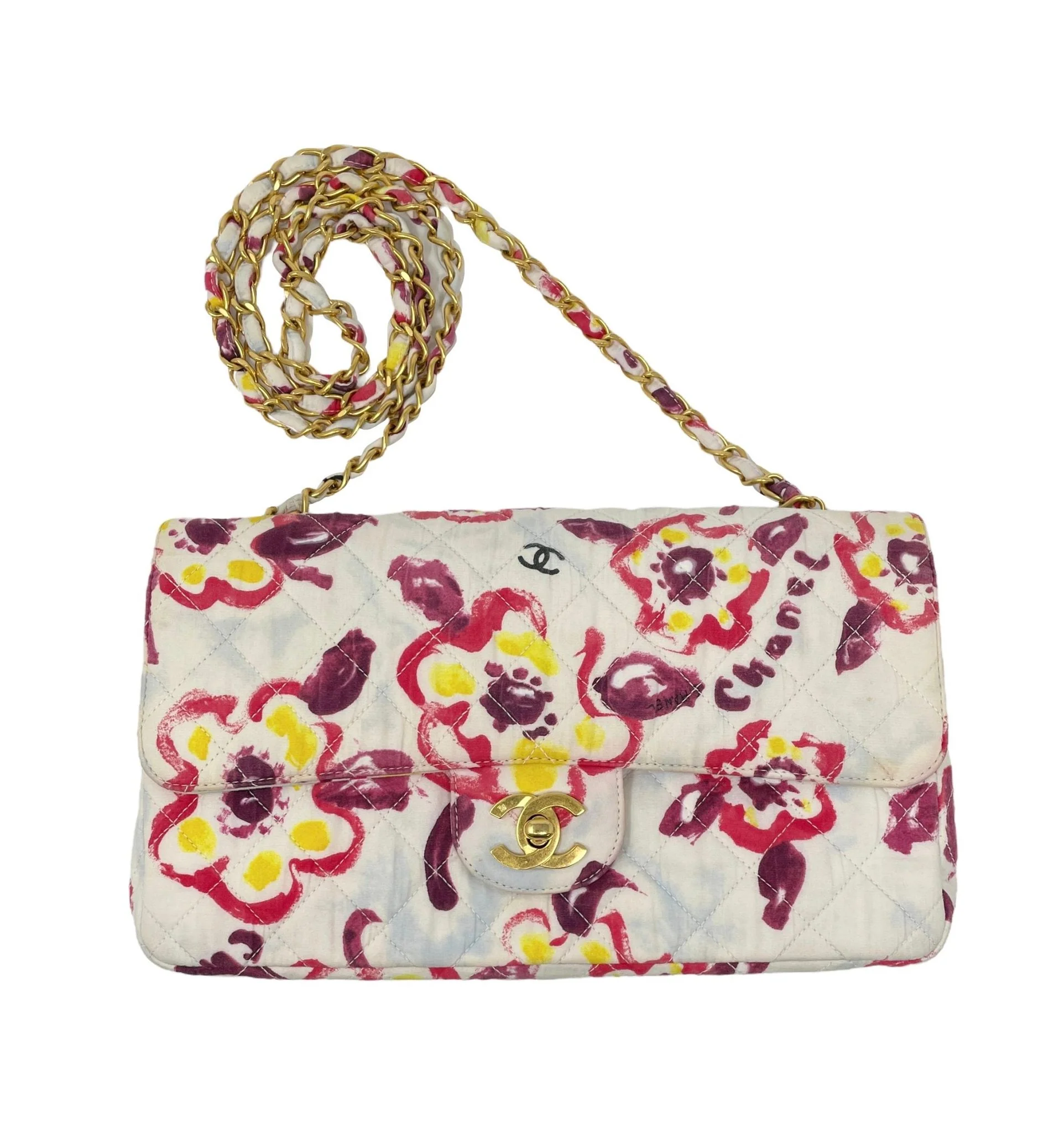 Chanel White Floral Canvas Flap Bag - Image 3